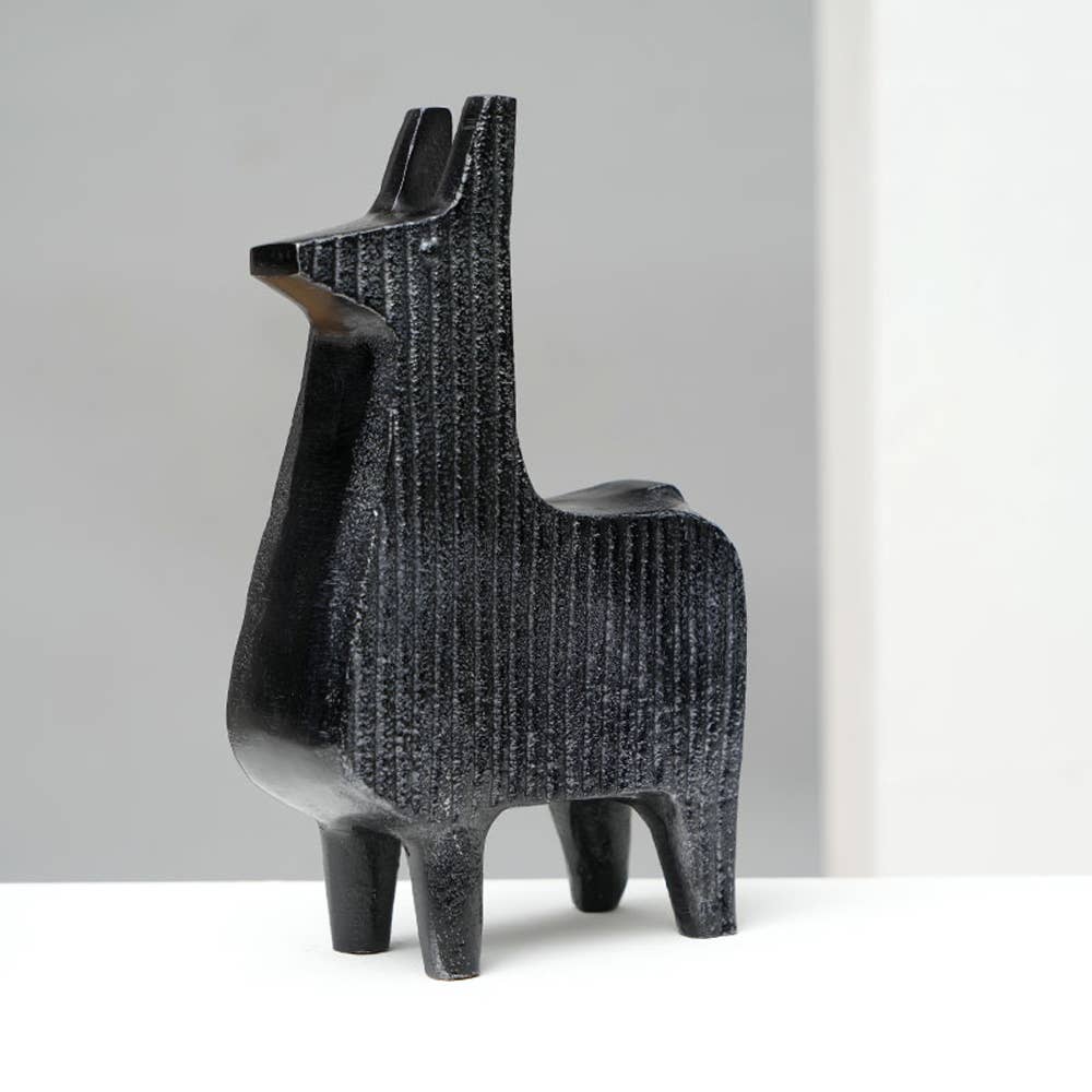 Black Ribbed Llama Sculptures &#x2013; Contemporary Aluminum Animal Figurines