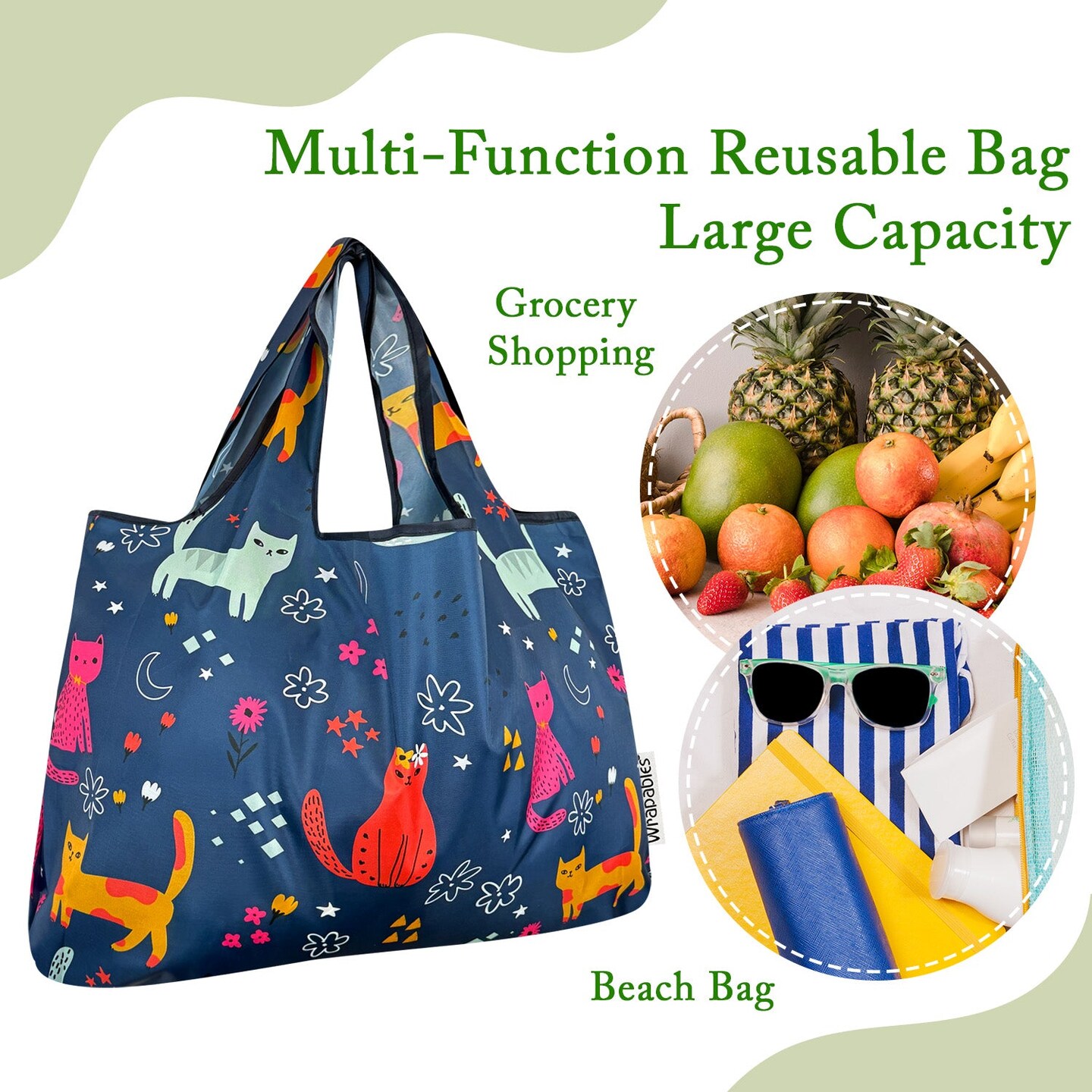 Wrapables Large & Small Foldable Tote Nylon Reusable Grocery Bags, Set of 2, Cute Kitties on Blue