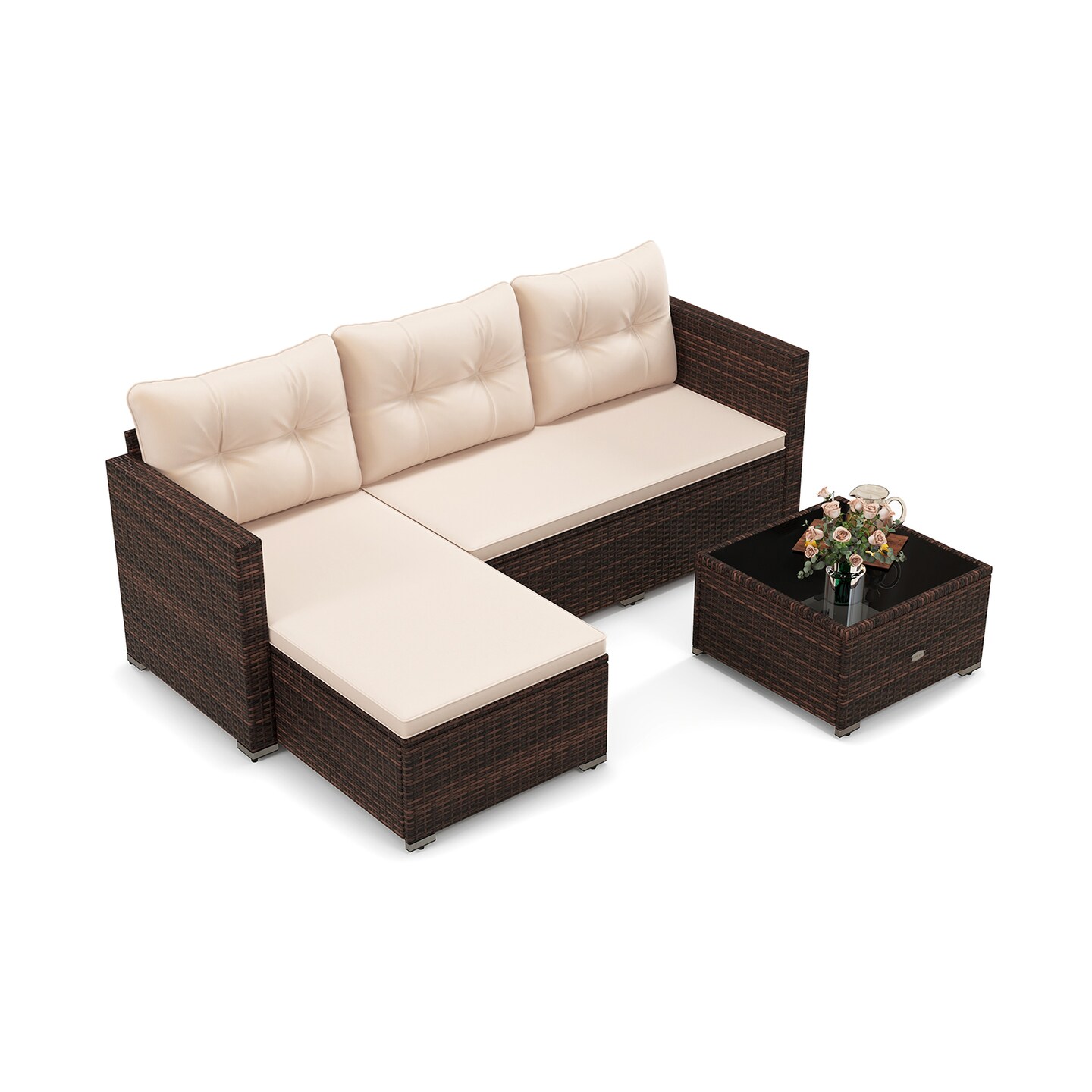 PE Rattan 2-Piece Sectional Sofa Set, Cushioned Seats and Glass Coffee Table