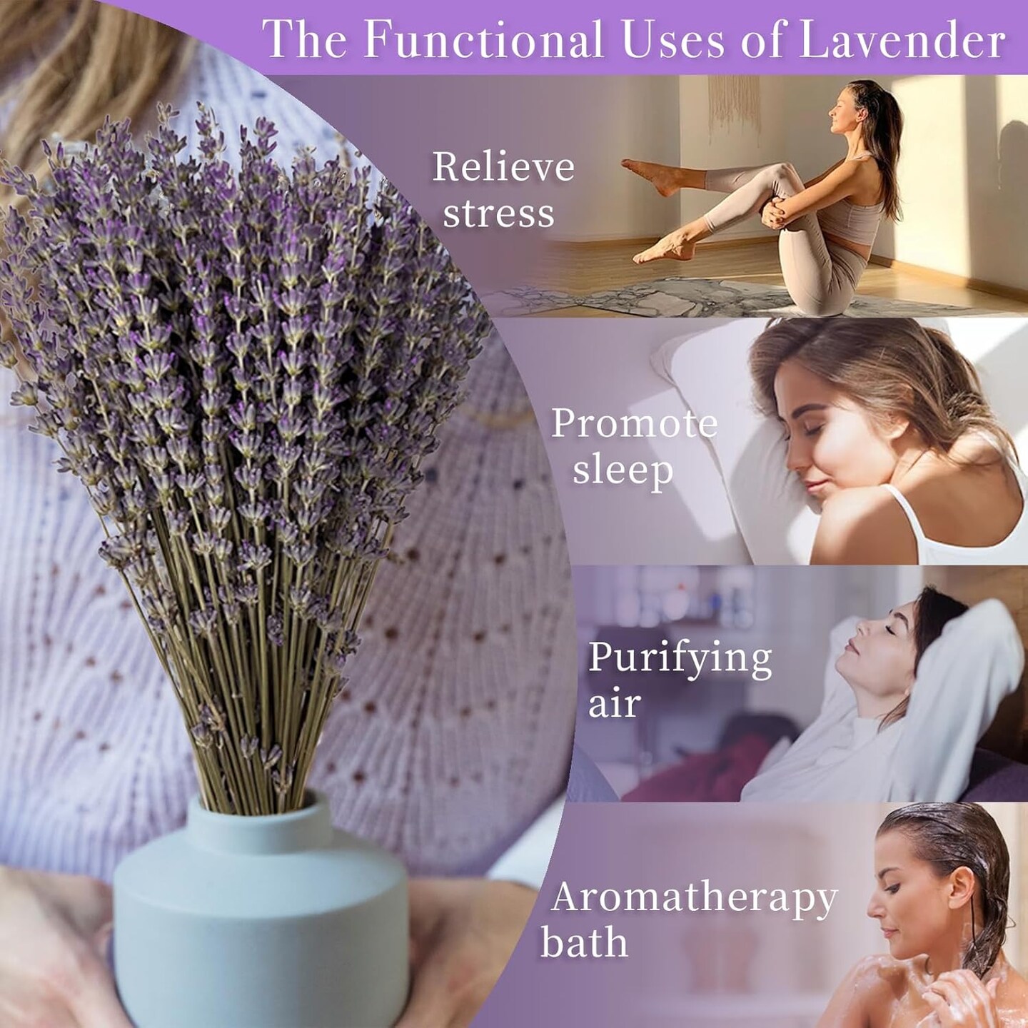 Dried Lavender Flowers Bundles, Natural Dry Lavender Flowers 440-480 Stems 16&#x27;&#x27; for Vase Home Wedding Party Decoration Arrangements Fragrance 4 Bundles