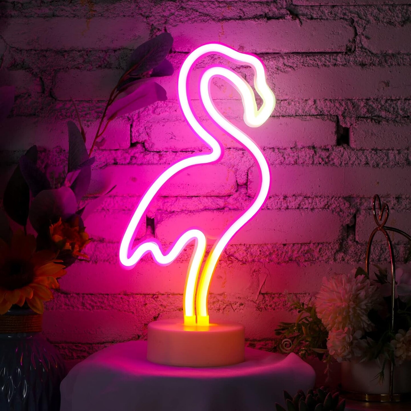 Tropical 3-Piece Neon Lights Set &#x2013; Flamingo, Pineapple, and Palm Tree Neon Signs for Summer Parties, Hawaiian Decor, and Bedroom Vibes | Battery/USB Powered with Demountable Pedestal