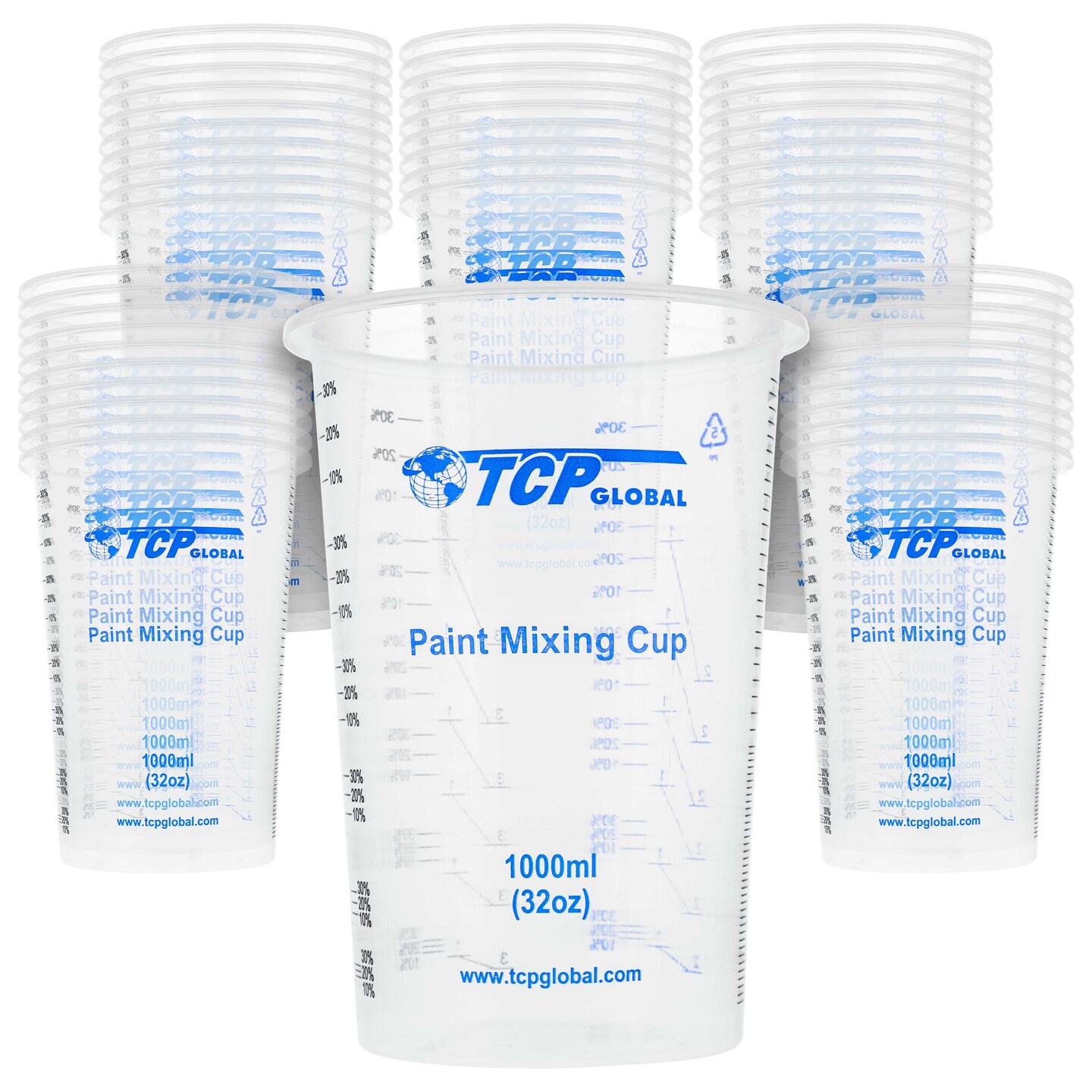 TCP Global 32 Ounce (1000ml) Disposable Flexible Clear Graduated Plastic Mixing Cups - Box of 50 Cups - Use for Paint, Resin, Epoxy, Art, Kitchen