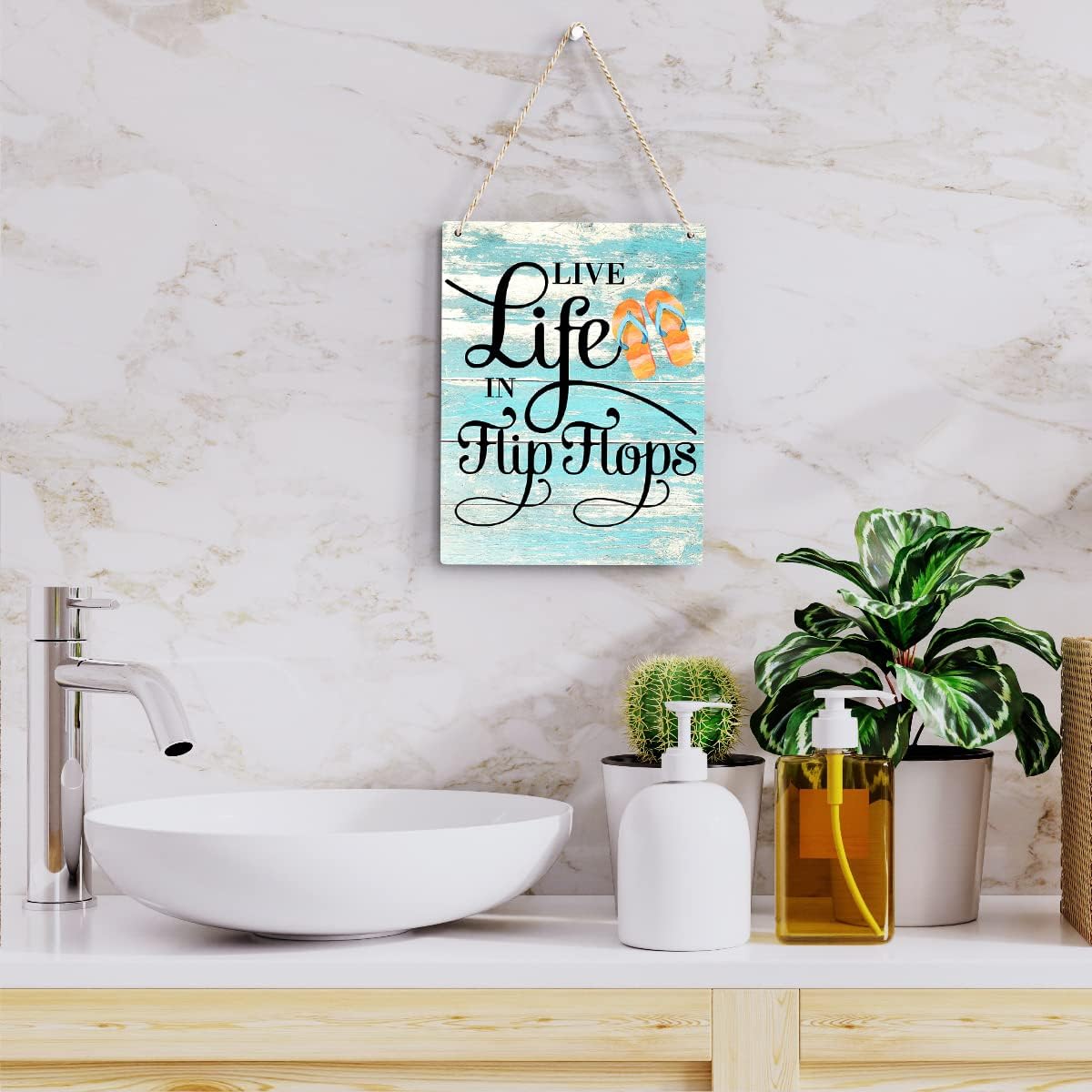Rustic &#x22;Live Life in Flip Flops&#x22; Wooden Hanging Sign &#x2013; Farmhouse Beach House Wall Art, Summer Plaque Decor for Pool and Home (8 x 10 Inches)