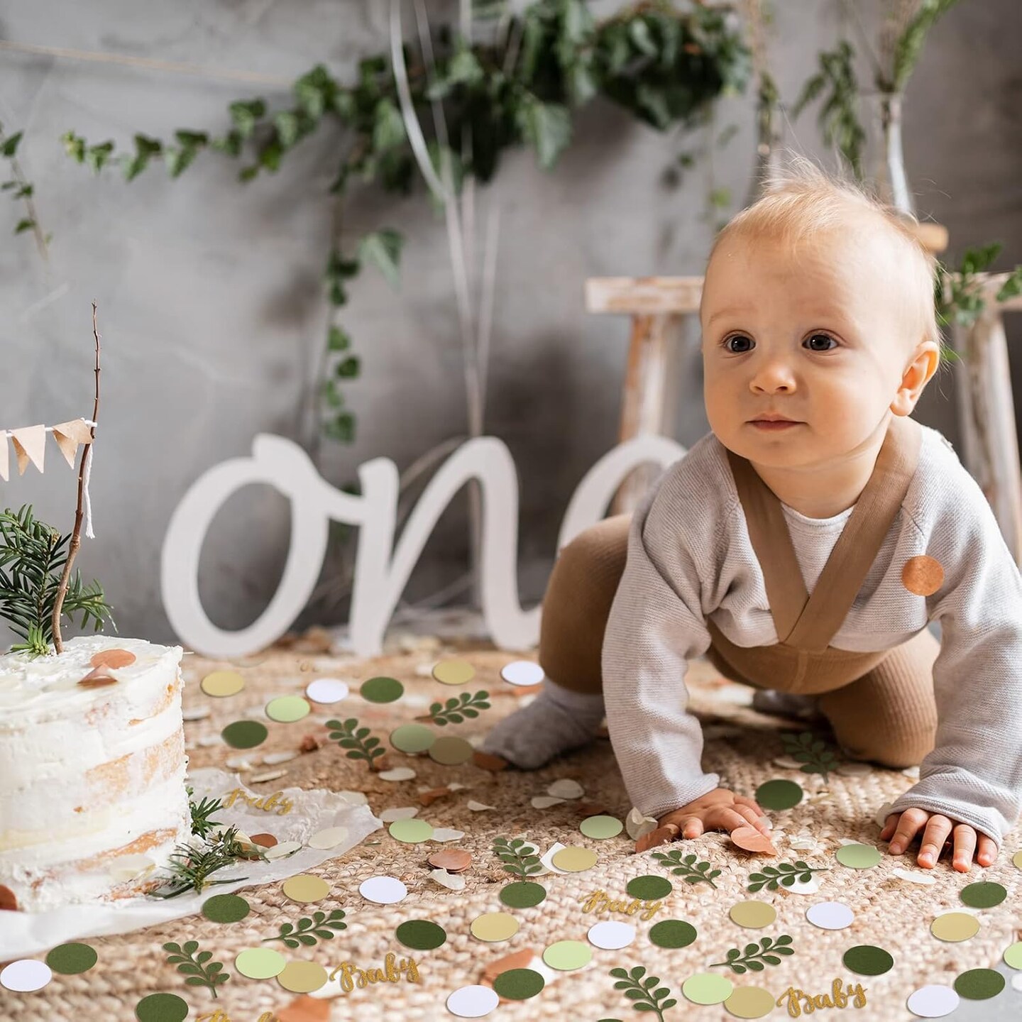 400 Pcs Greenery Baby Shower Confetti Scatter Decorations Green Brown White Table Confetti Dots with Eucalyptus and Gold Scatter for Baby Shower Gender Reveal Decor