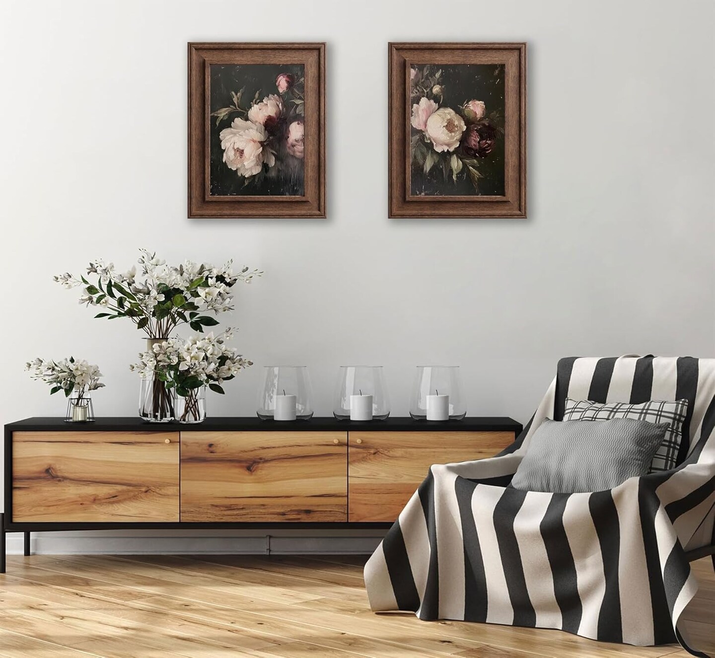 Summer 2 Pcs Vintage Peonies Flower Canvas Wall Decor, Classical Dark Pink Peonies Pictures, Retro Moody Floral Botanical Still Life Posters Prints for Living Room, Bedroom, Home Decoration