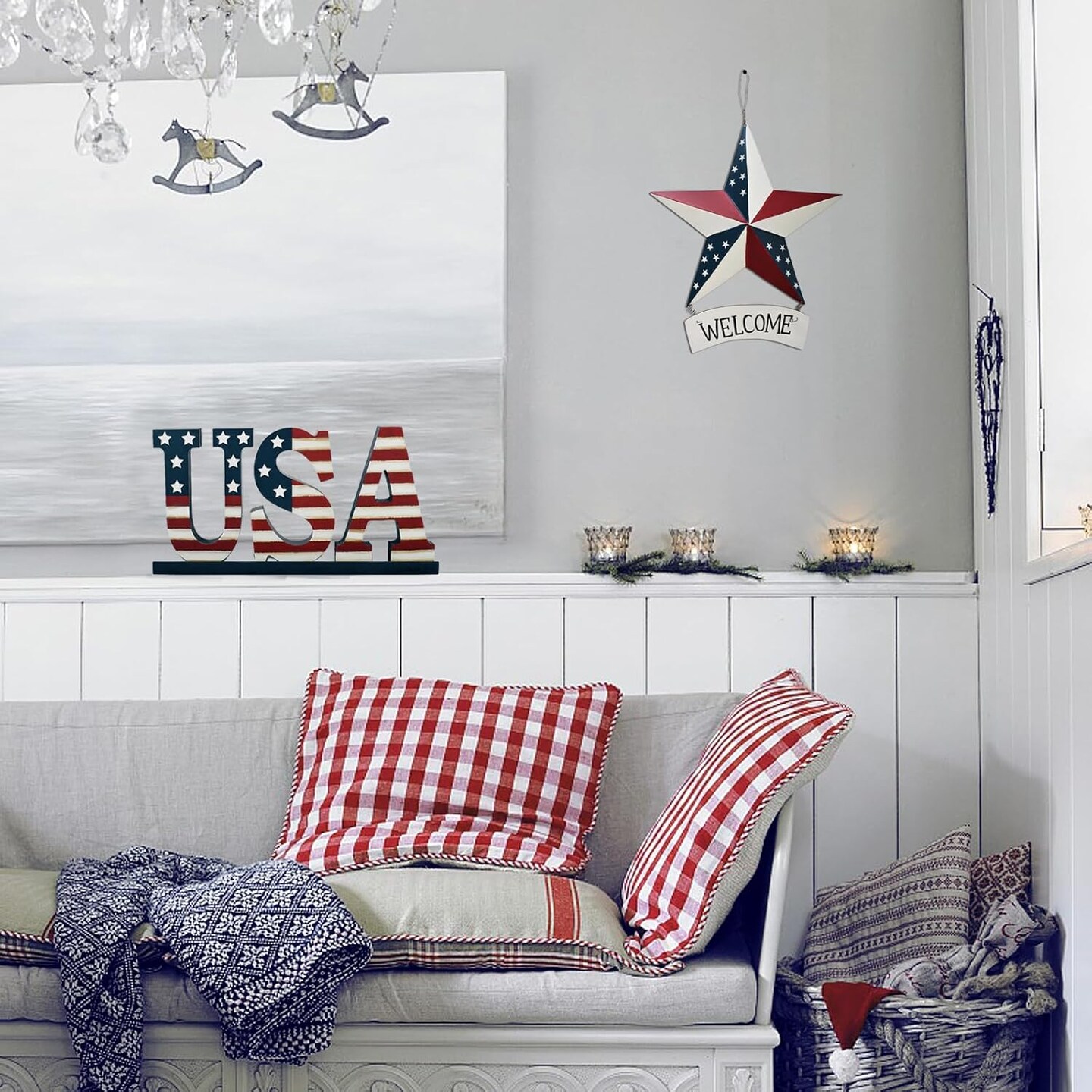 4th of July Wood Patriotic USA Sign Memorial Day Tabletop Decoration Free Standing Wooden Word Cutout US Flag Letters Centerpiece Sign for Independence Day Veterans Party American Decor
