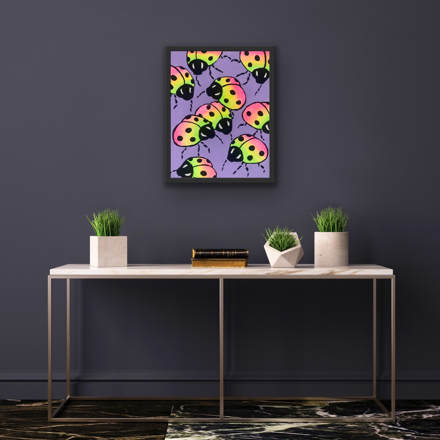 Neon Lady bugs acrylic painting | 9x11 canvas panel | Lady bug