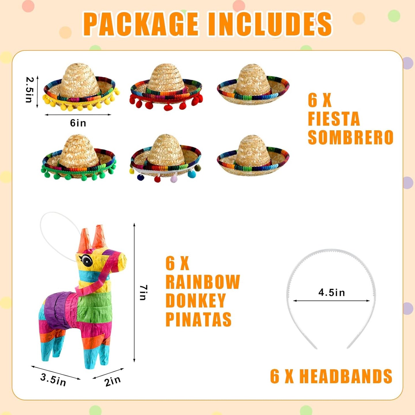 6 Pieces Mini Rainbow Donkey Pi&#xF1;ata 4 x 7 Inch and 6 Pieces Sombrero Hat headbands for Cinco De Mayo Mexican Decorations Carnivals Festivals Taco Tuesday Event Fiesta Supplies(Classic Style)