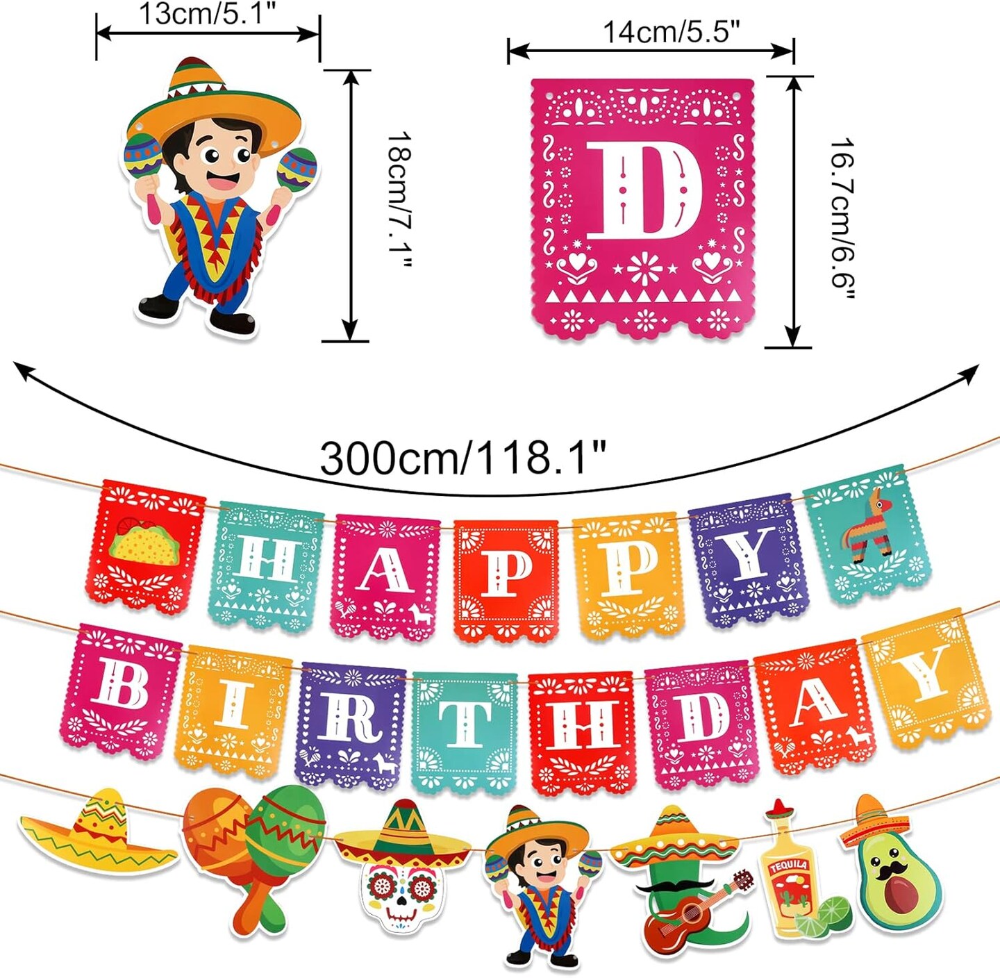 3 Pack Mexican Fiesta Banner Set, Cinco de Mayo Banner for Mexican Themed Party Decoration, Happy Birthday Papel Picado Banner Flag, Taco Hanging Backdrop Banner for Fiesta Party Supplies
