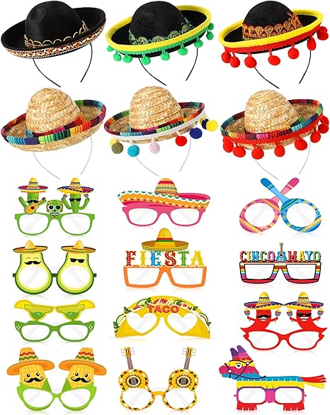 18 Pcs Fiesta Party Supplies Sombrero Party Hats Headbands Paper Mexican Eyeglasses Cinco De Mayo Mexican Party Decor