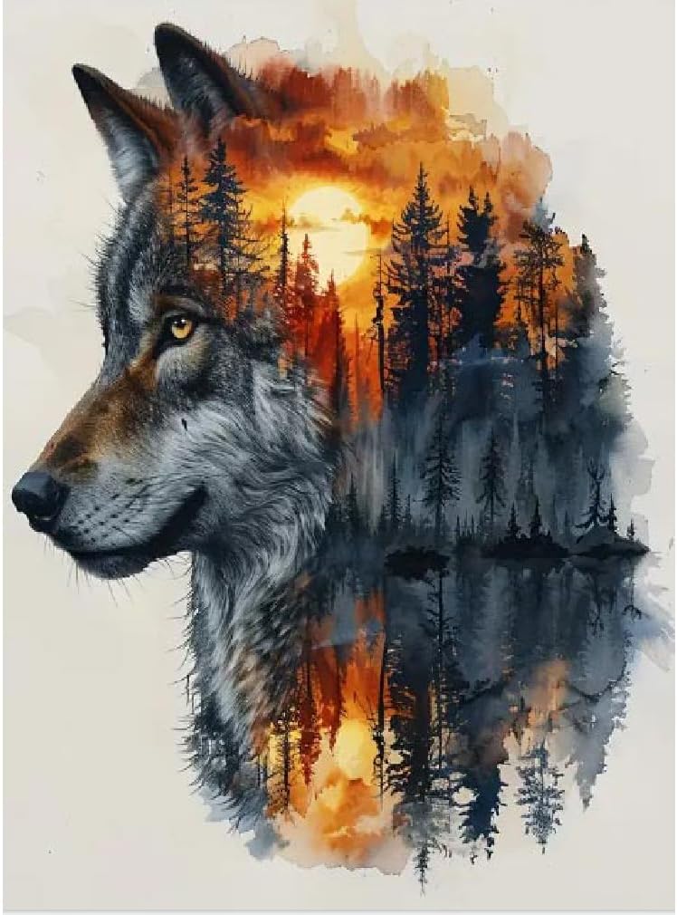 5D Wolf Diamond Painting Kits for Adults Beginners, Wolf Head Forest Diamond Art Kit,DIY Full Round Drill Diamond Dot Gem Art Kits for Adults,Home Wall Decor 12x16 Inch