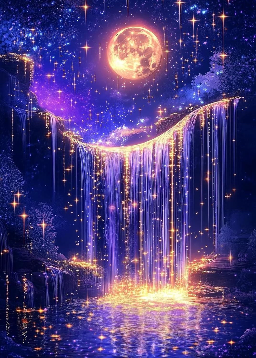 Moonlight Waterfall Diamond Art Kits for Adults Beginners, Moon 5D Diamond Painting Kits for Adults, DIY Full Drill Round Landscape Diamond Dots, Home Wall Decor 12x16 Inch