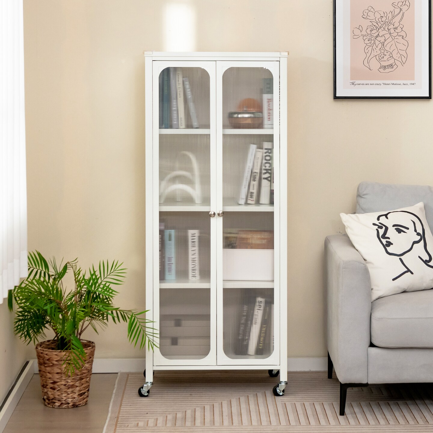 White Metal Storage Cabinet with Adjustable Shelves &#x26; Lockable Wheels