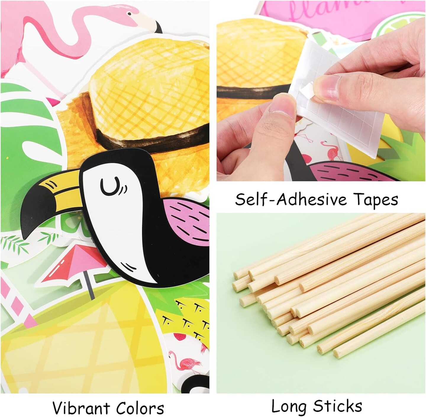 15-piece Luau photo booth props kit featuring tropical-themed items and a summer beach photo frame—perfect for Hawaiian luau parties, summer beach celebrations, and fun photo opportunities.