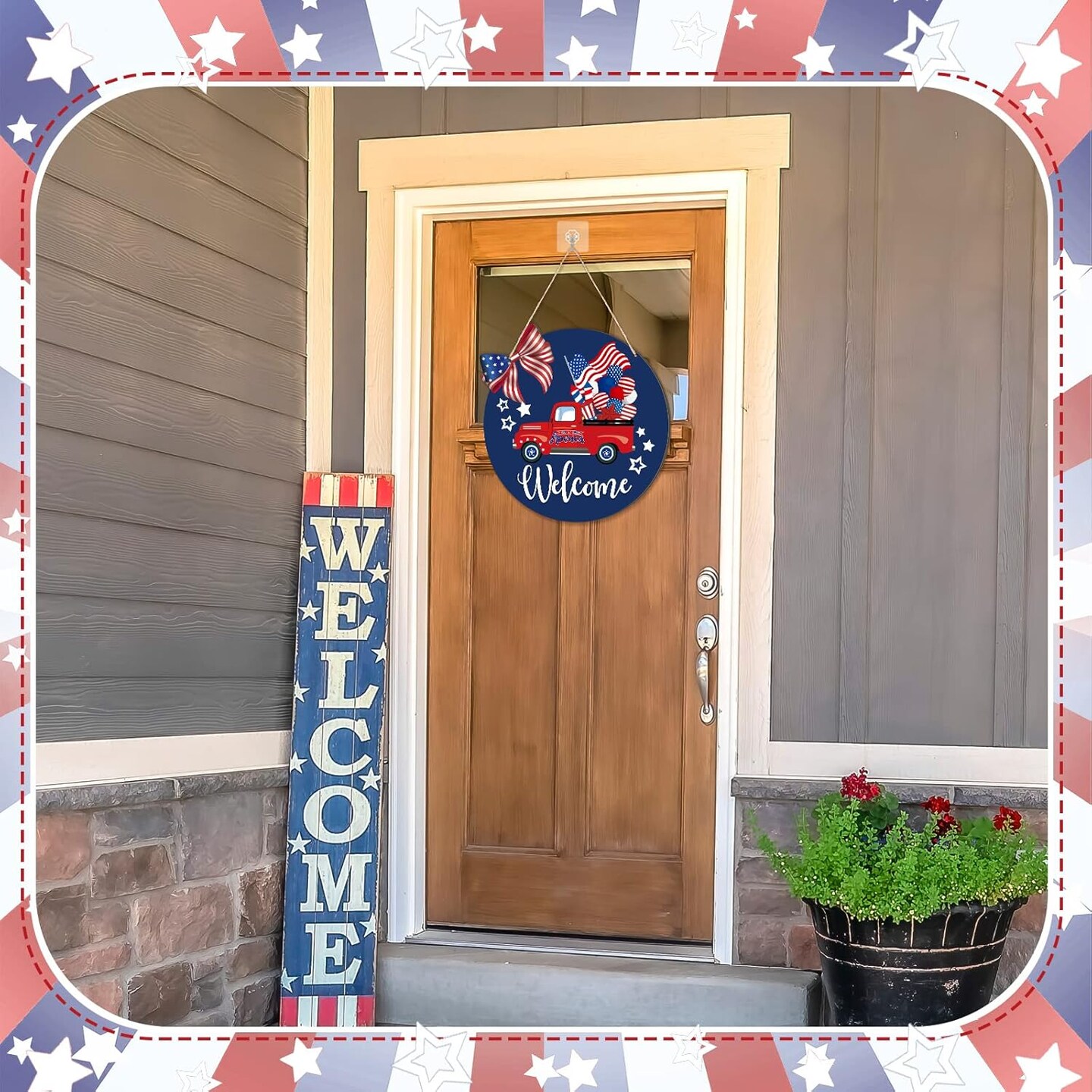 2 Pcs 4th of July Welcome Sign Decorations Patriotic Gnomes Wooden Signs Star American Flag Large Hanging Decor for Independence Day Party Memorial Day Outdoor Home Front Door Window Wall Ornament