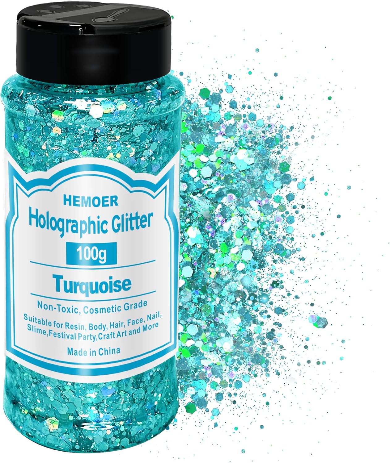100g Holographic Chunky Glitter, Cosmetic Mixed Hexagon Chunky & Fine Craft Glitter Resin Sequins for Epoxy Glass, Resin Art, Body, Hair, Face, Nail, Slime, Tumbler, Festival Party - Turquoise