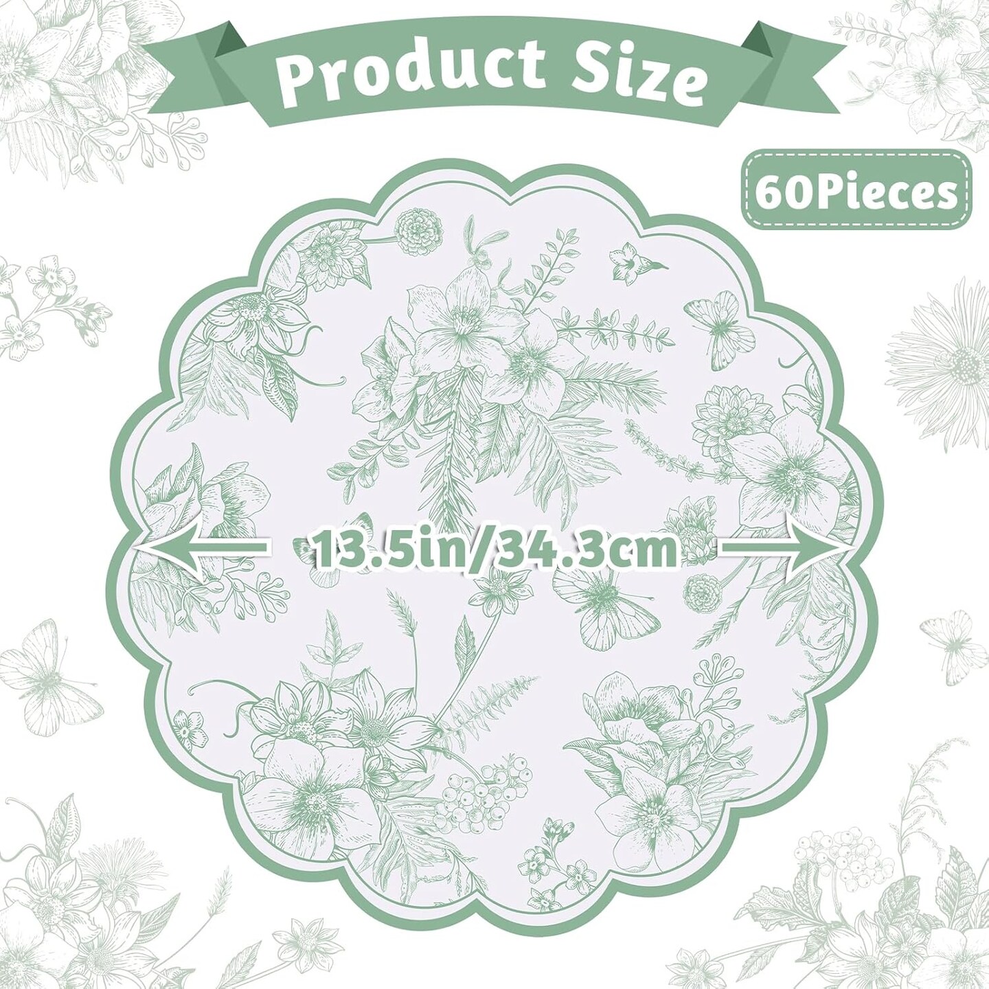 60 Pcs Sage Green Floral Paper Placemats, 13.5 Inch Disposable Scalloped Table Mats Vintage Floral Banquet Place Mats Sage Green Toile Placemat for Table Setting Wedding Bridal Tea Party Supplies
