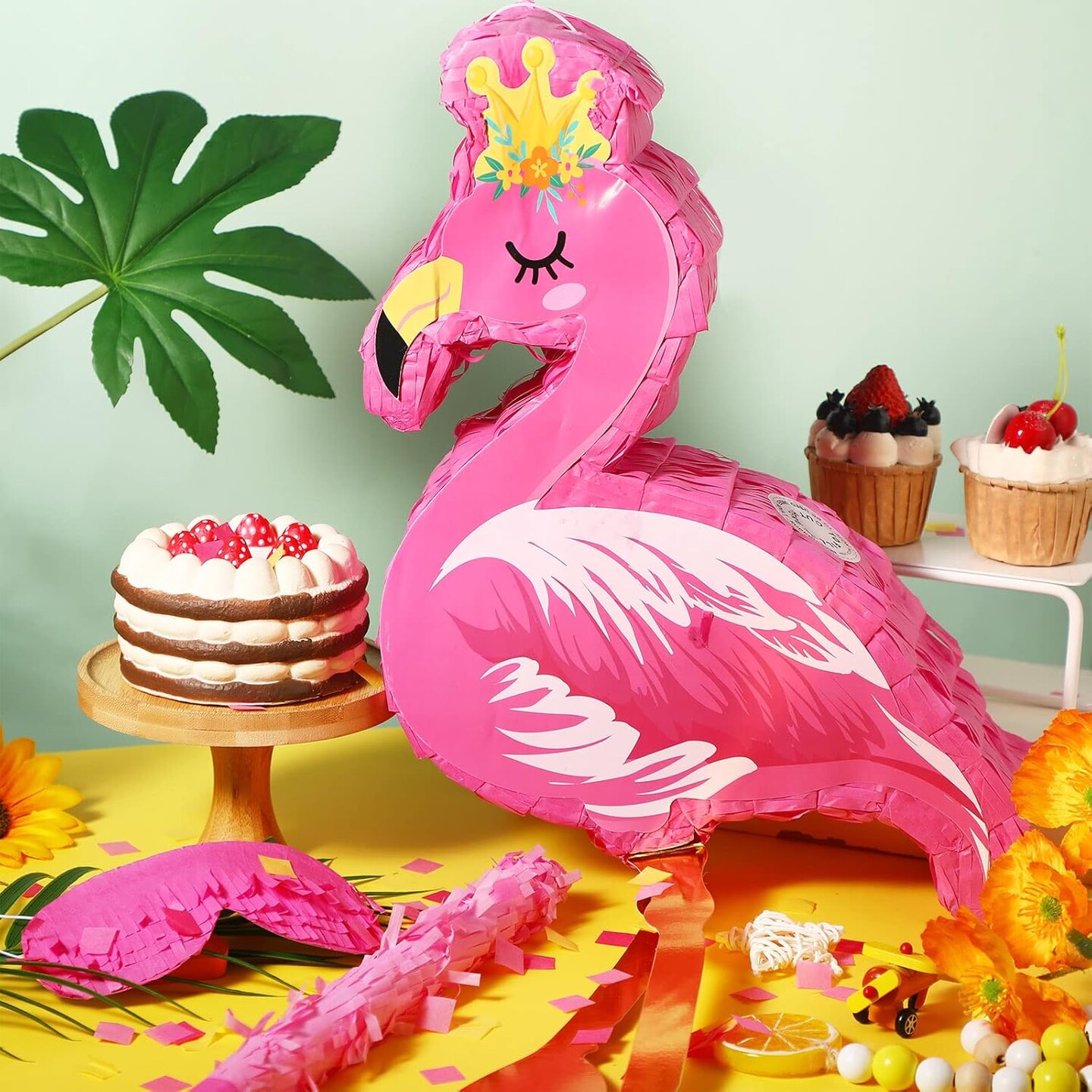 Pink Flamingo Piñata Tropical Party Supplies Small Hawaiian Flamingo Piñata with Blindfold Stick