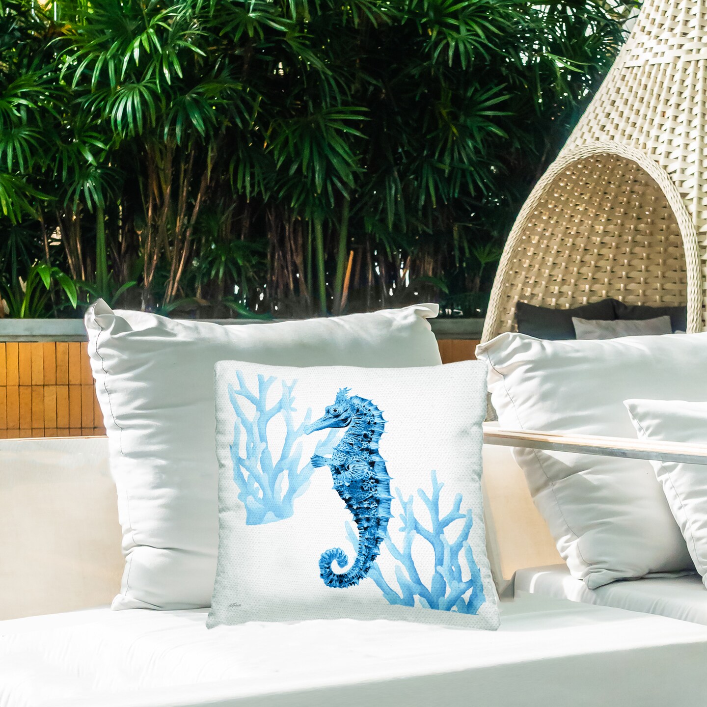 Stupell Industries Blue Tone Seahorse &#x26; Coral Outdoor Printed Pillow design by Cat Thurman Designs, 18 x 7 x 18