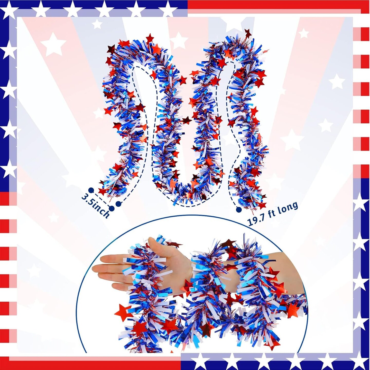 19.7 Feet Red White Blue Tinsel Garland for 4th of July Decorations