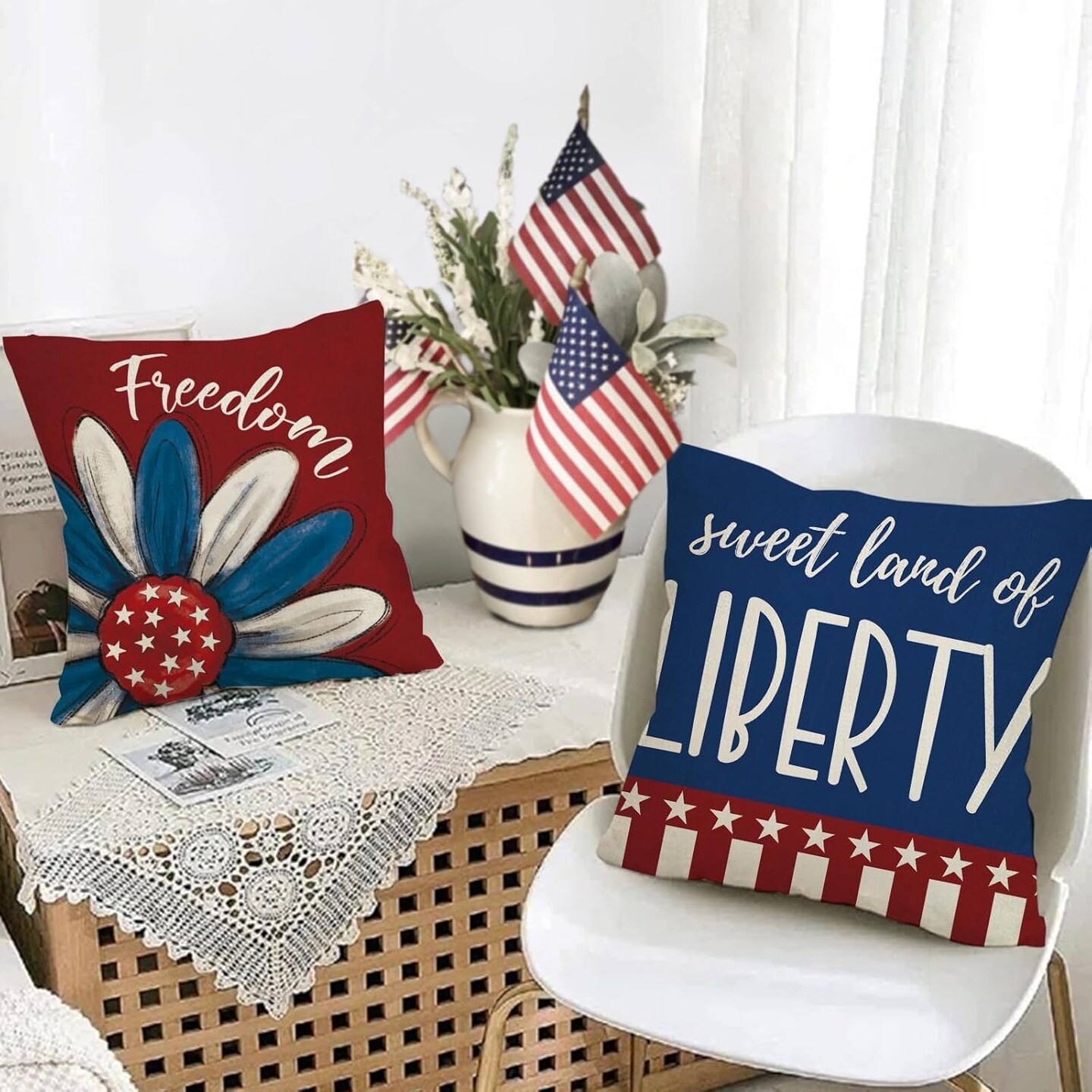 Patriotic America Flower Home of The Free Outdoor Decor, American USA Floral Sweet Land of Liberty Freedom Couch Cushion Case