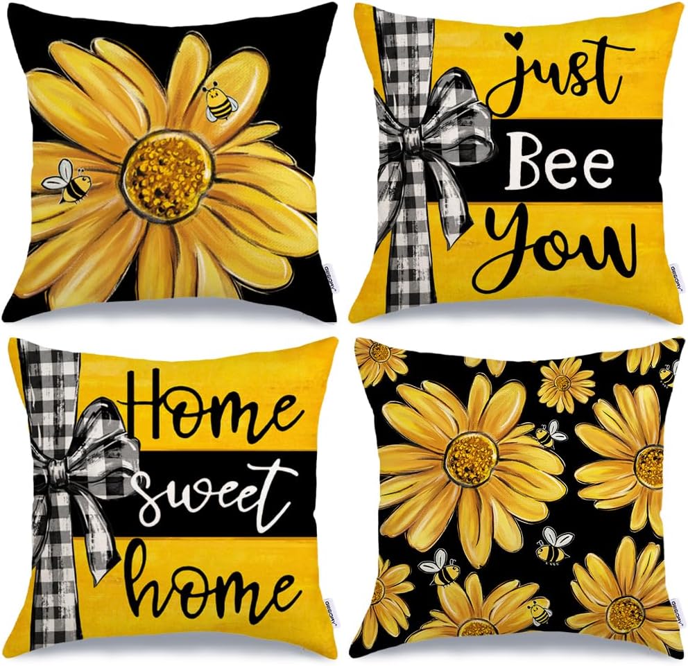Summer Pillow Covers 18x18 Inch Set of 4, Daisy Floral Bee Home Sweet Home Black Yellow Farmhouse Decorative Throw Pillowcases for Sofa G704-18
