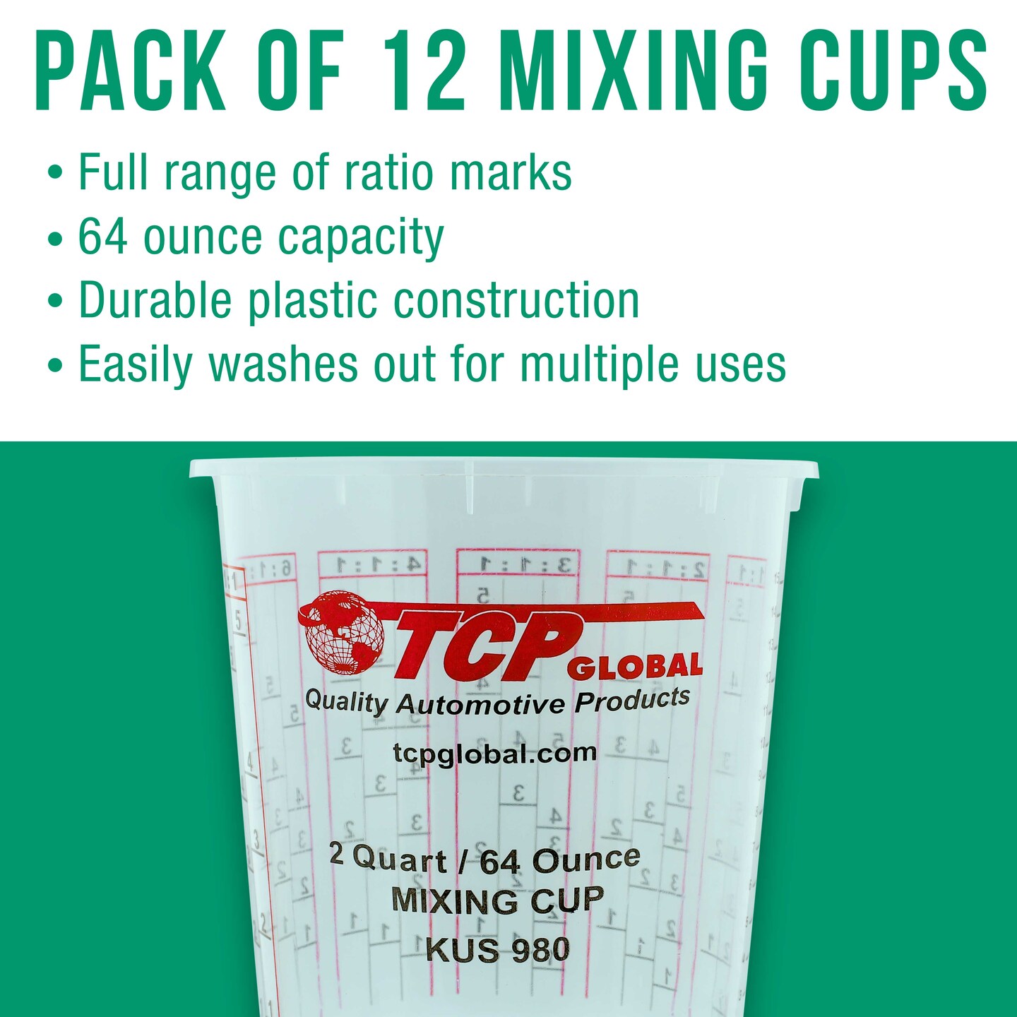Paint Mixing Cups Plastic Measuring Cup Epoxy Resin, Disposable or Reusable, 64-Ounce (2 Quarts) - Pack of 12 - Graduated, Mixing Ratios, Automotive Painting Acrylic Art Crafts