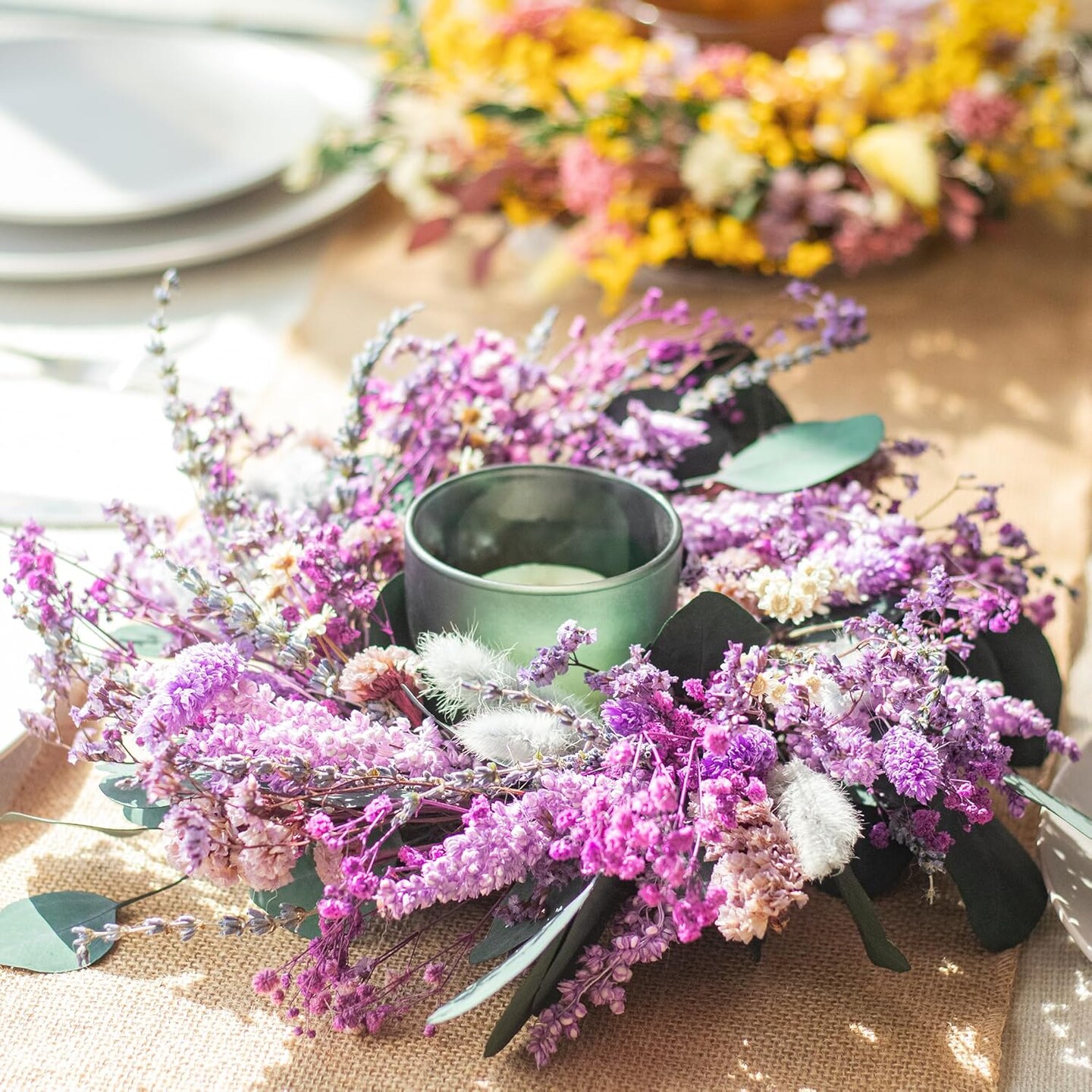 Natural Dried Flowers Wreath 10-Inch Purple Lavender Candle Ring Table Centerpiece Small Spring Lavender Wreath for Cabinate Wall Window Door