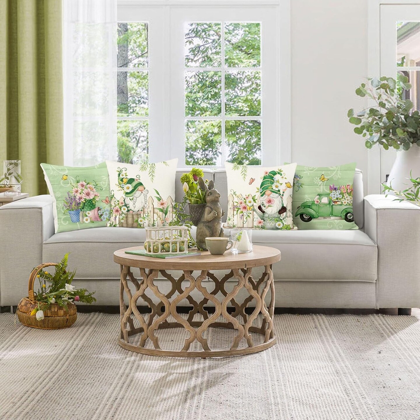 Truck Farmhouse Green Decorative Pillows Polyester Linen Cushion Cases for Couch Sofa Bed Home Decor Set of 4
