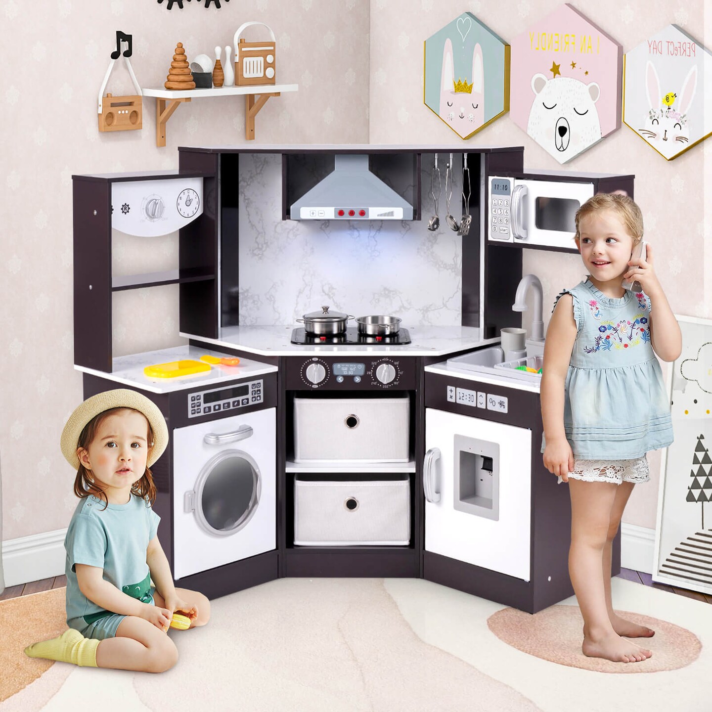 Costway Wooden Kids Play Corner Kitchen with Realistic Lights &#x26; Sounds Lighted Range Hood Brown/Grey