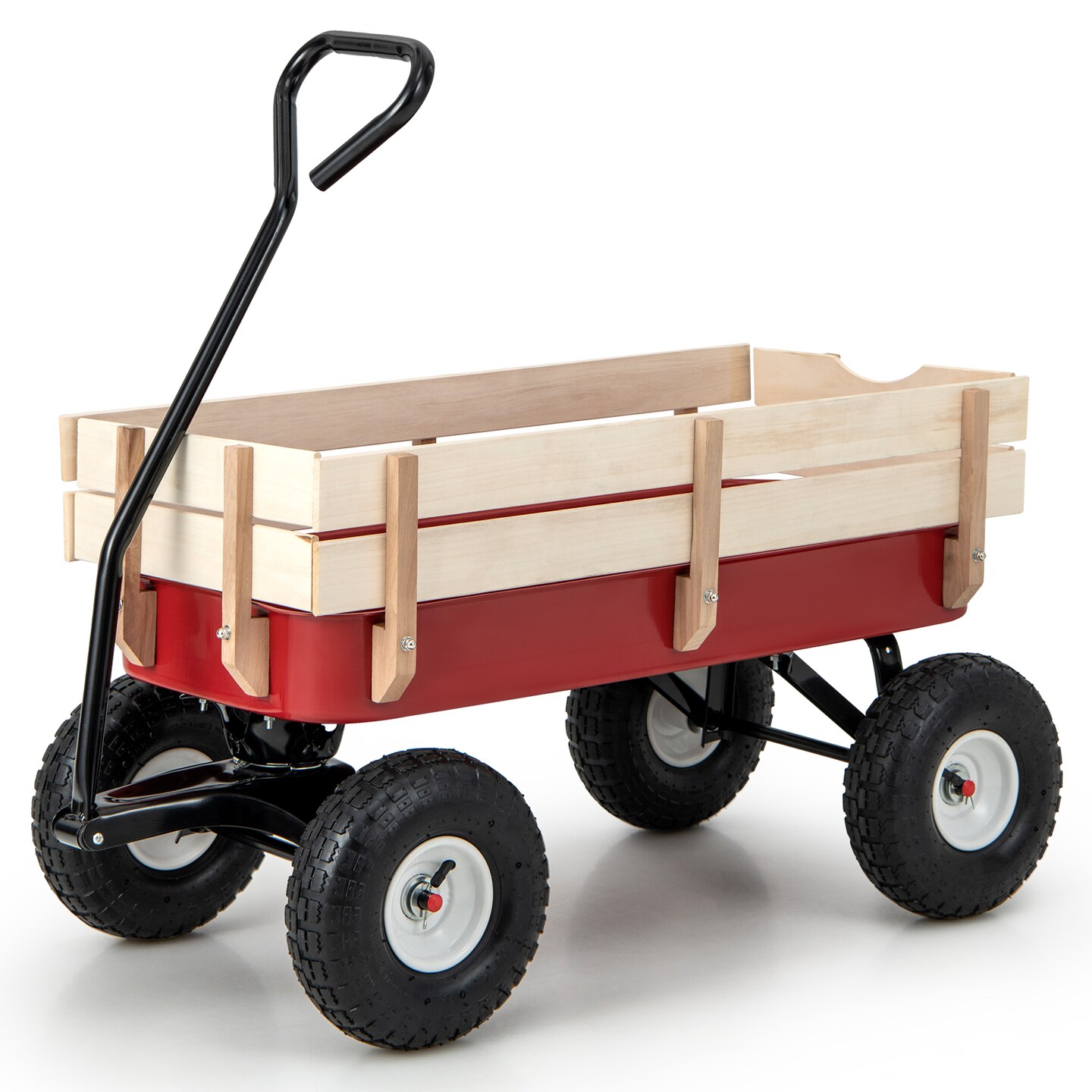 Garden Cart with Wood Railing and Pneumatic 2 Front Wheels Perfect for Grassland or Sand Land