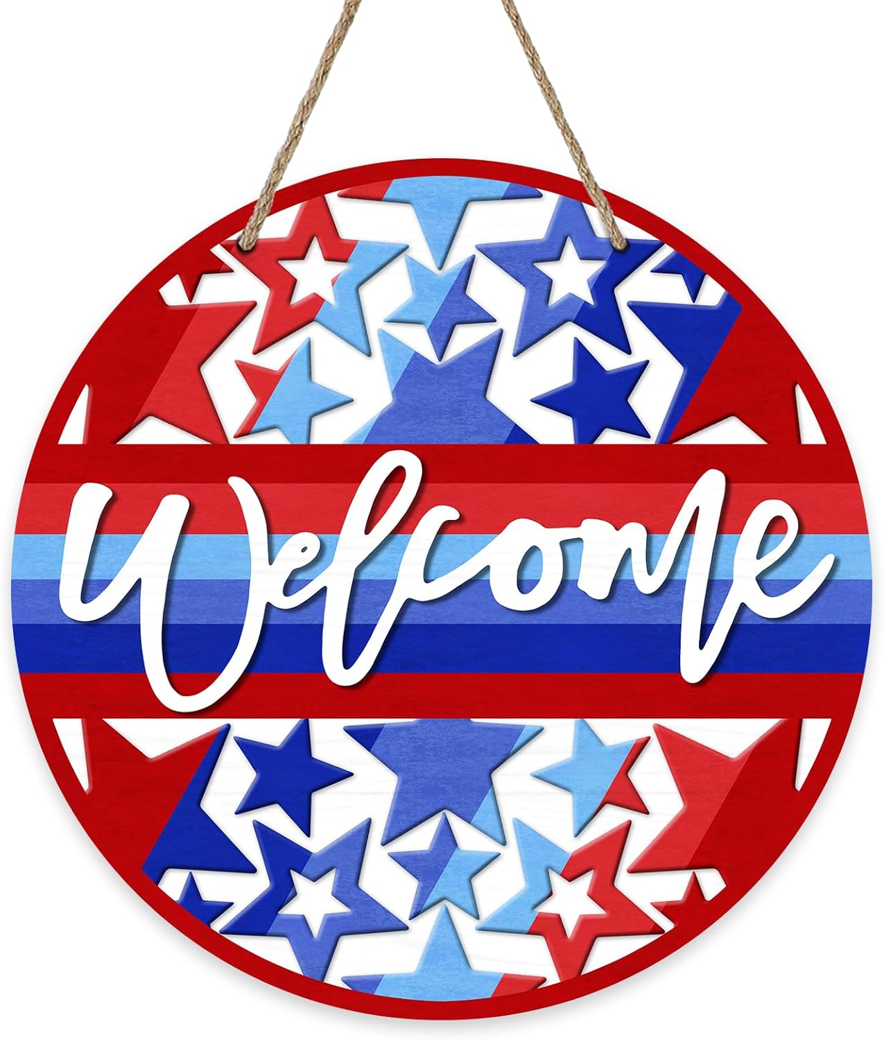 Welcome 4th of July Patriotic Sign for Front Door Decor, Blue Red Stars Stripes America USA Wood Door Hanger for Outdoor Outside Porch, American Wooden Wreath Indoor Wall Hanging Decoration