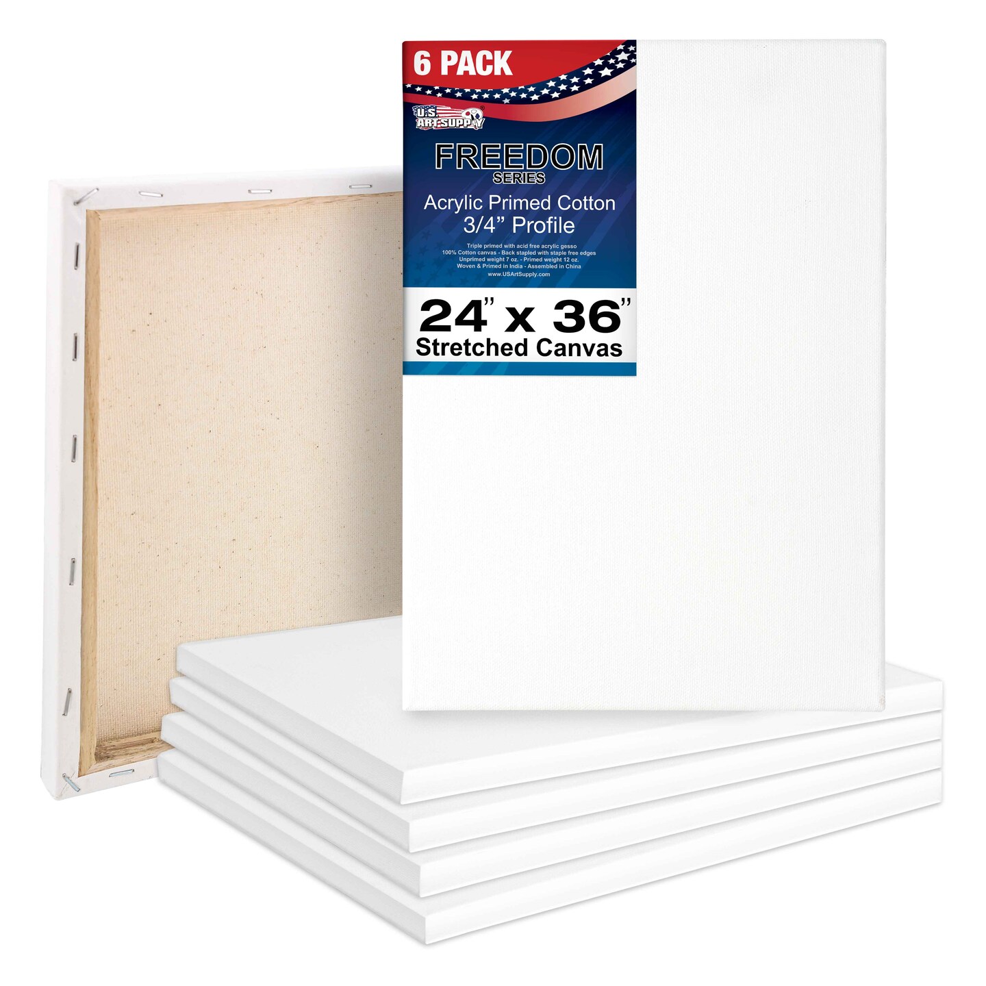 24 x 36 inch Stretched Canvas 12-Ounce Triple Primed, 6-Pack - Professional Artist Quality White Blank 3/4&#x22; Profile, 100% Cotton, Heavy-Weight Gesso