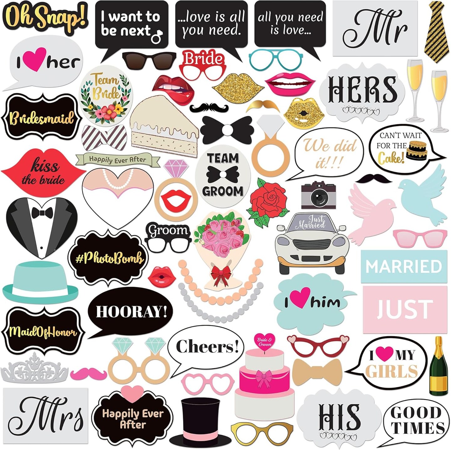 Photo Booth Props - 70 Pieces, Multicolored - Fun Photoshoot Party Selfie Accessories - Silly Group Picture Favors for Wedding Reception, Anniversary, Engagement, or Shower