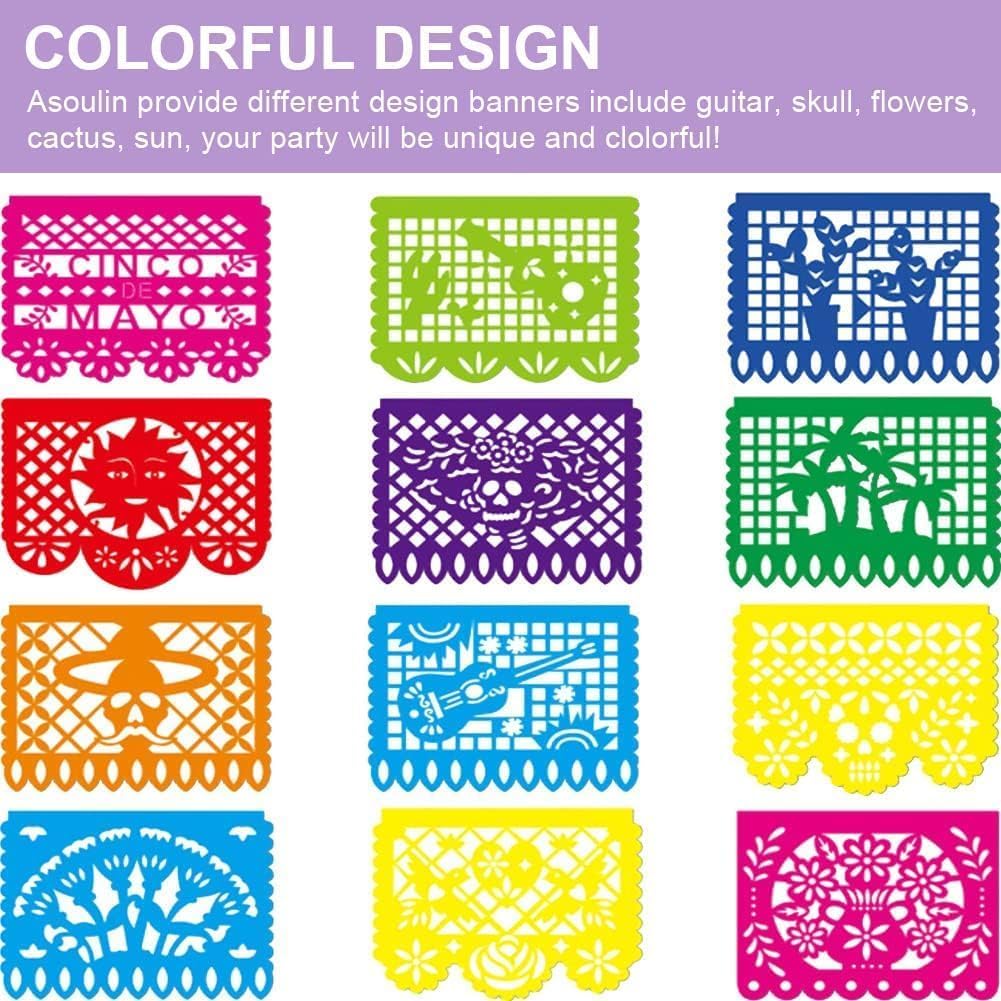 6PCS Mexican Party Banners, Cinco De Mayo Decoration Fiesta Party Decoration, Mexican Themed Party Decor 5 De Mayo Banner Plastic Papel Picado, Mexico Birthday Party Supplies -12 Patterns/90FT