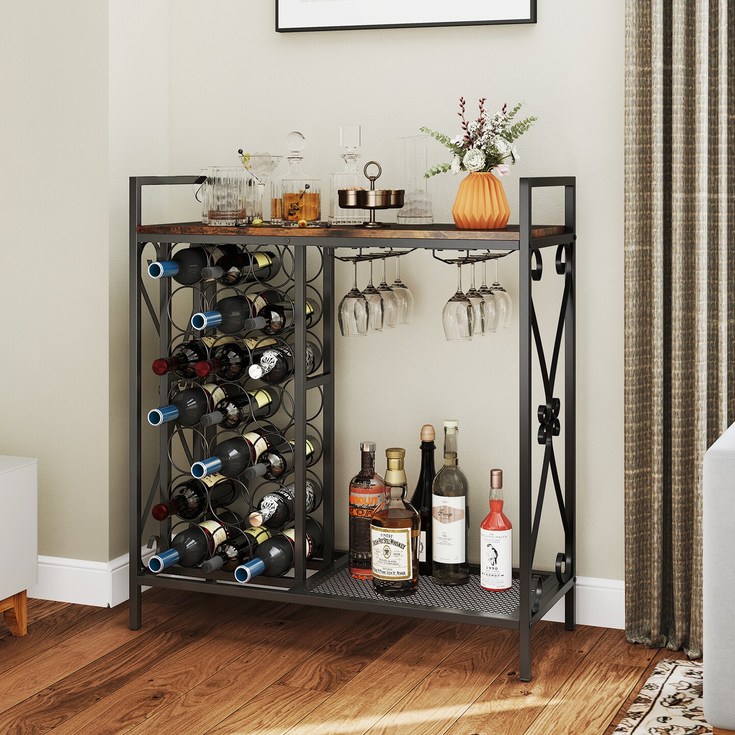Rustic Brown Freestanding 21 Wine Bottle Organizer with Glass Holder and Metal Frame
