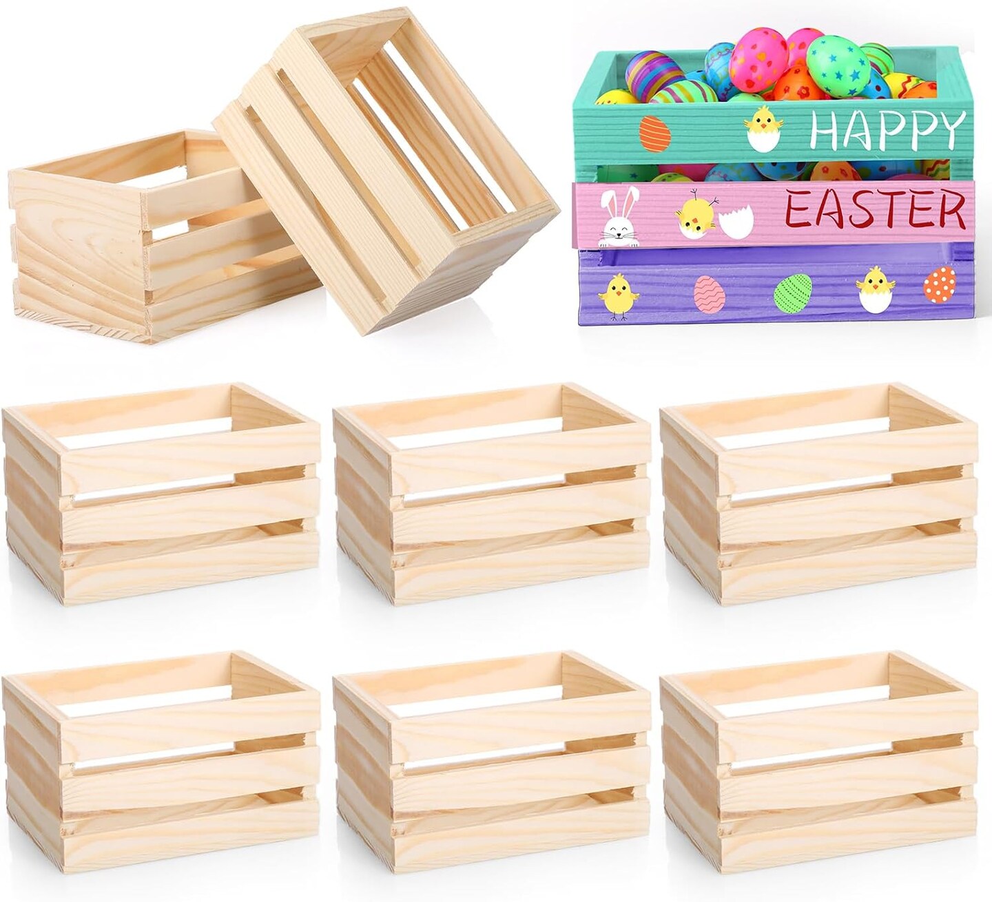 6-Pack 6.5’’ Small Unfinished Wooden Crates – Multipurpose Baskets for Easter Crafts, Home Décor, Bathroom, Display, Toys, Towels, Milk & Wine