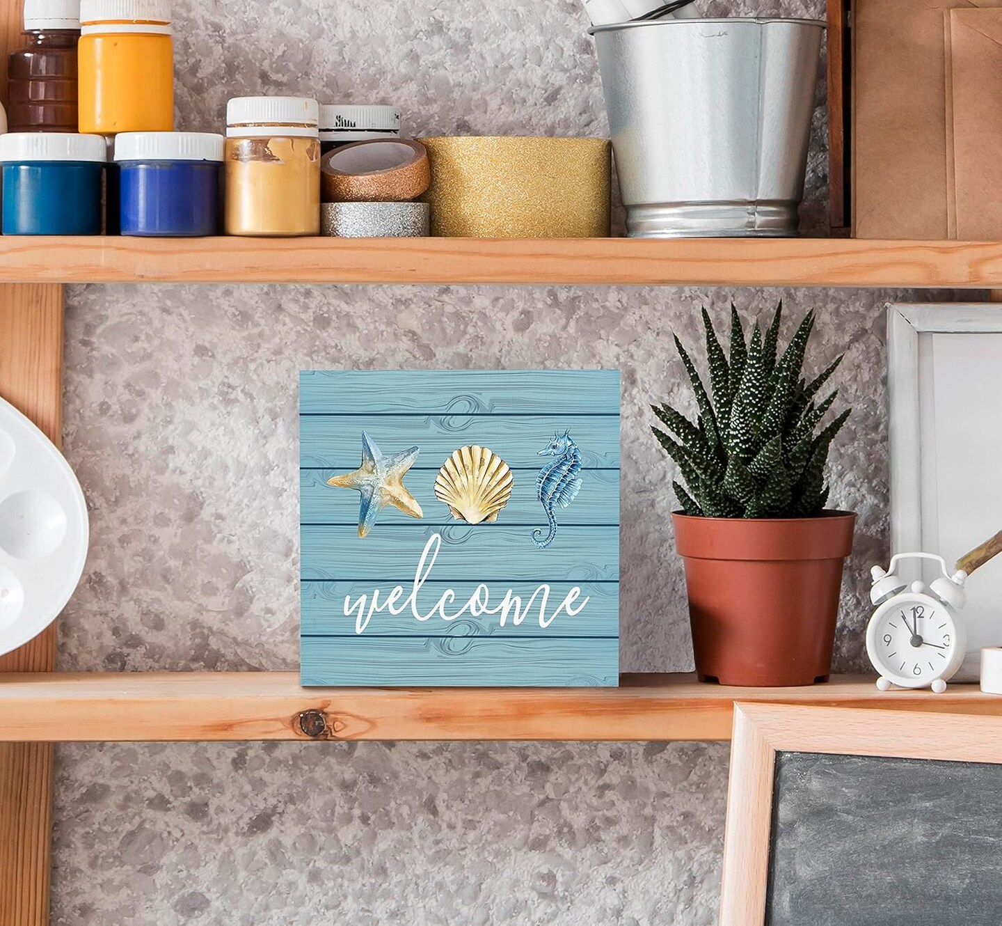 Rustic Summer Beach Wood Box Sign &#x2013; Teal Seashell, Seahorse &#x26; Starfish Tabletop Decor for Coastal Beach House or Shelf Display