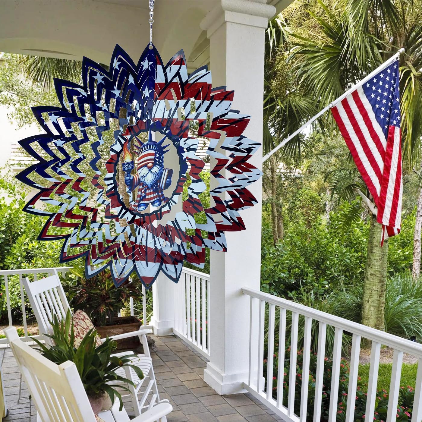 Gnome 4th of July Wind Spinner Hanging Garden Decor Independence Day Yard Garden Metal Spinner Memorial Day Wind Sculptures for Indoor Outdoor Spinning Lawn Ornaments Patriotic Art Kinetic Sculpture