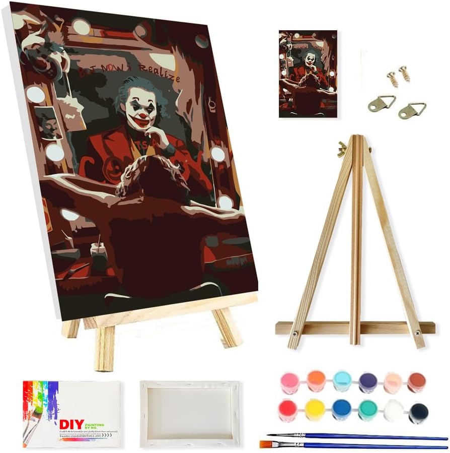 Framed with Easel Paint by Numbers Kit for Adults Beginners, Joker Easy Acrylic Watercolors Oil Number Painting Art on Streched Canvas with Easel for Home Wall Decor and Gift 7.8x11.8inch