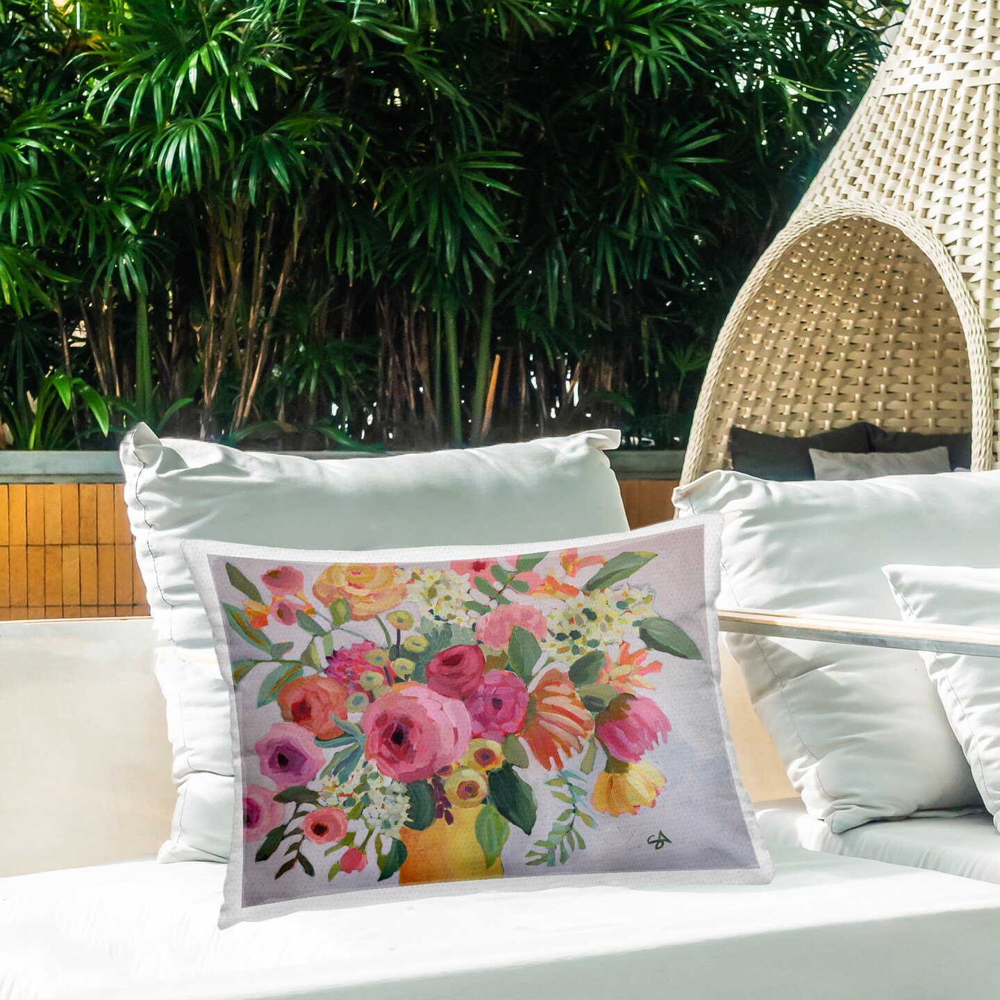 Stupell Industries Assorted Flowers in Pink & Yellow Outdoor Printed Pillow design by Suzanne Allard, 14 x 7 x 20