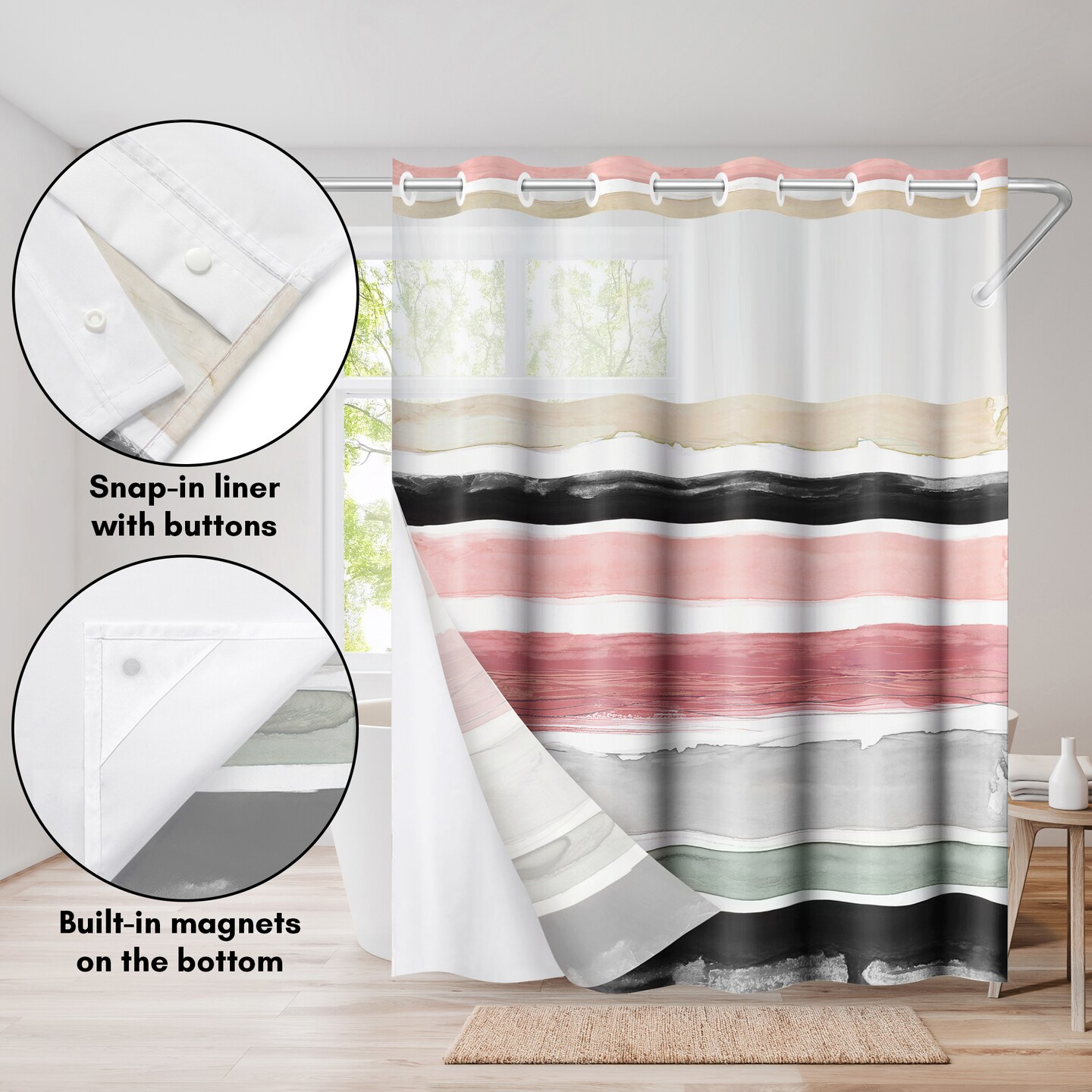 Americanflat 72x75 Hookless Shower Curtain - Abstract Pink Cream Shower Curtain with Sheer Panel, Snap-In Liner, and Grommets - 100% Polyester