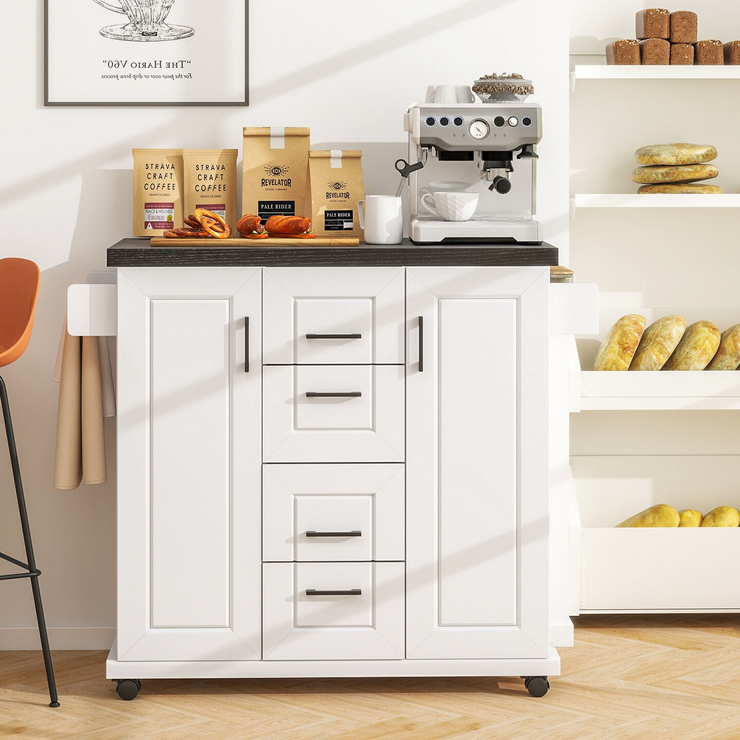 White Engineered Wood Kitchen Island Cart with Drawers and Towel Rack