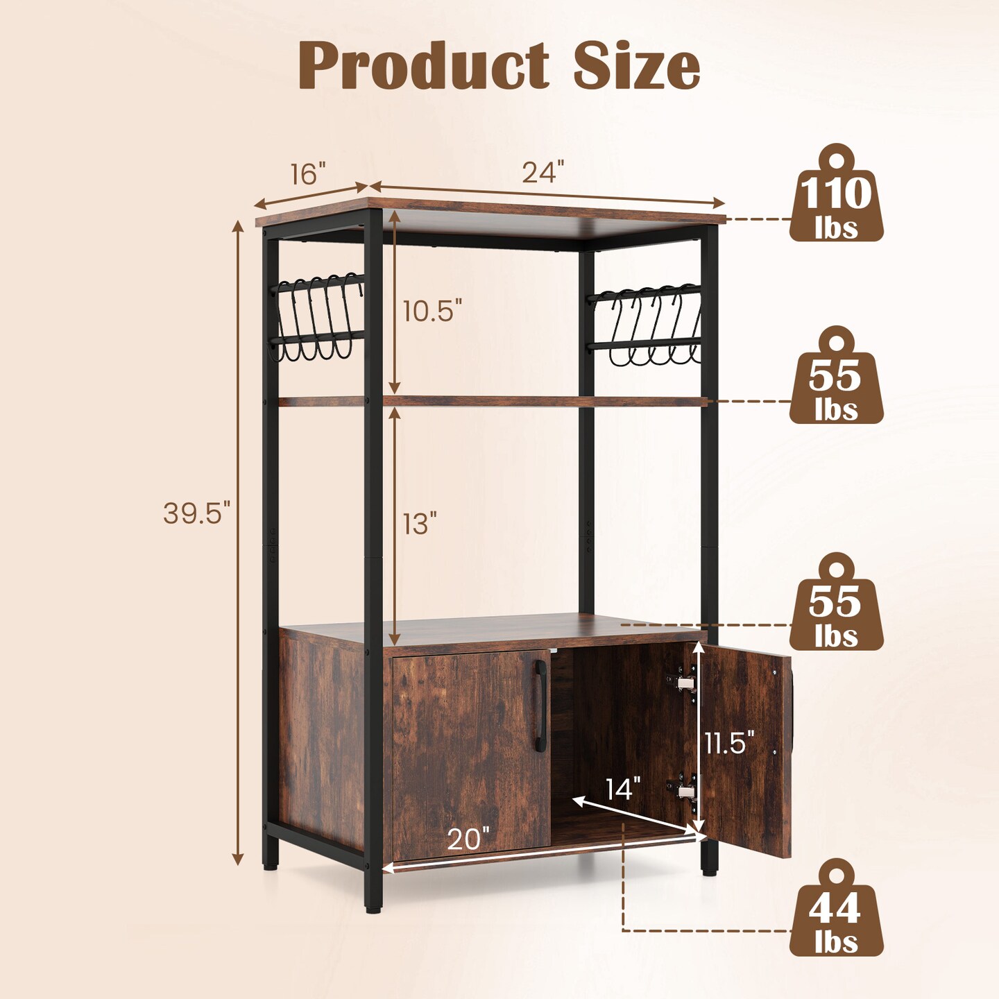 3-Tier Brown Kitchen Bakers Rack with 2 Doors Cabinet and 2 Open Storage Shelves