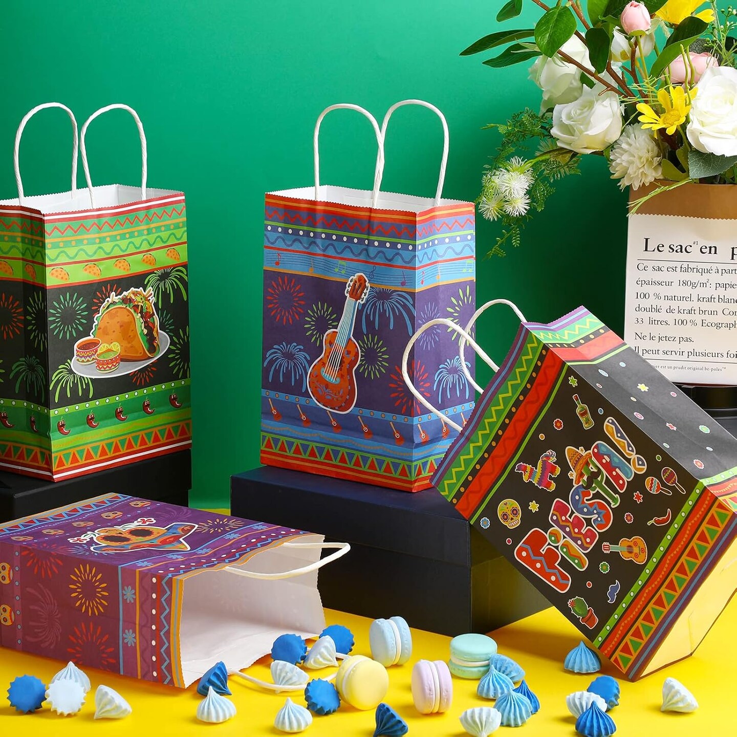18 Packs Fiesta Party Favor Bags with Handles, Cinco De Mayo Candy Mexican Themed Paper Gifts Bags for Birthday Baby Shower Bridal Mexico Party Favor Supplies