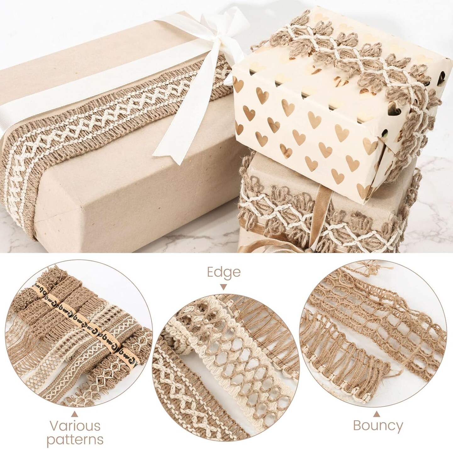 7 Rolls Burlap Ribbon, Natural Jute Ribbons Lace Mesh Wedding Trim Decor