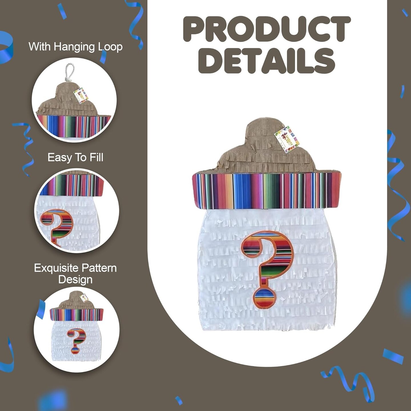 Gender Reveal Pinata Kit (17.5x13.5x3.5 Inch) - Baby Bottle Shape for Fiesta Theme - Complete with Stick and Mask - Cinco de Mayo Celebration Fun!