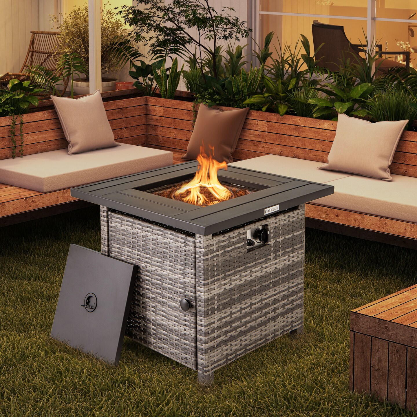 Grey Rattan Fire Pit Table with Lid &#x2013; 50,000 BTU and Convertible