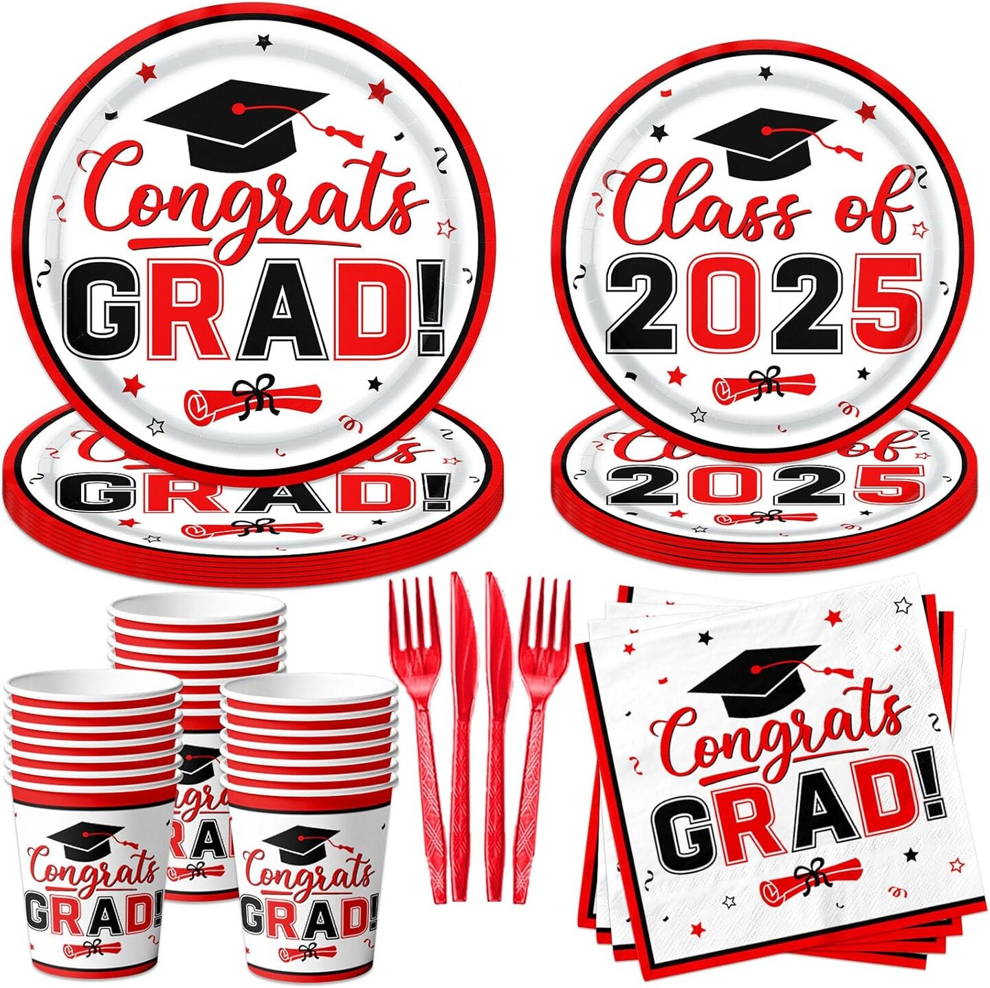 Red and Black Graduation Decorations Dinnerware Set, Class of 2025 Graduation Plates and Napkins, Graduation Plates and Cups and Napkins Set for Congrats Grad Party Decorations