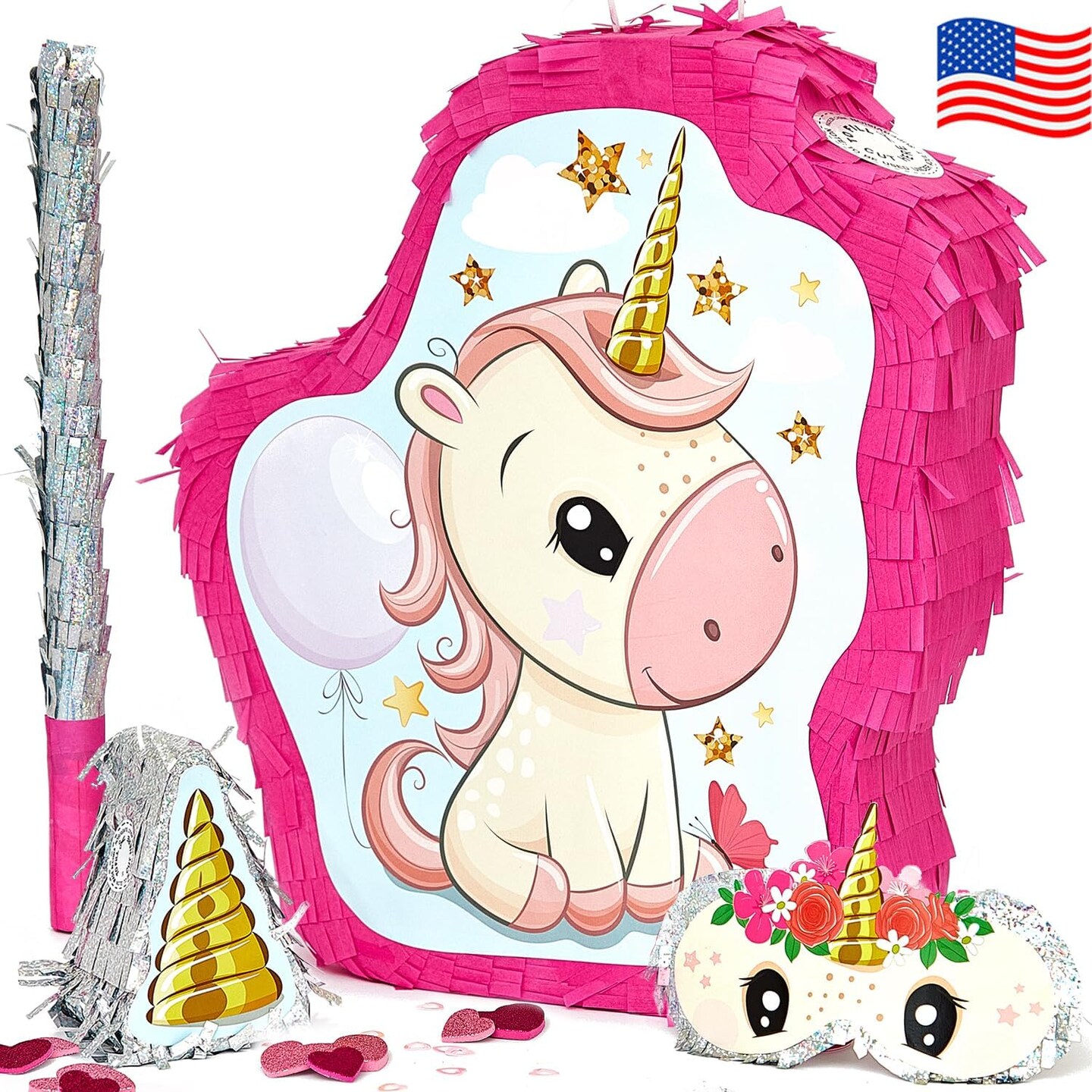 Unicorn Pinata Treasure Hunt Party Game, Birthday Party Complete Set, 16 X 13 Inches, Cute Horse Girl Pinata, Includes Unicorn Pi&#xF1;ata, Horn Mini Pi&#xF1;ata, Pink Bat and more!